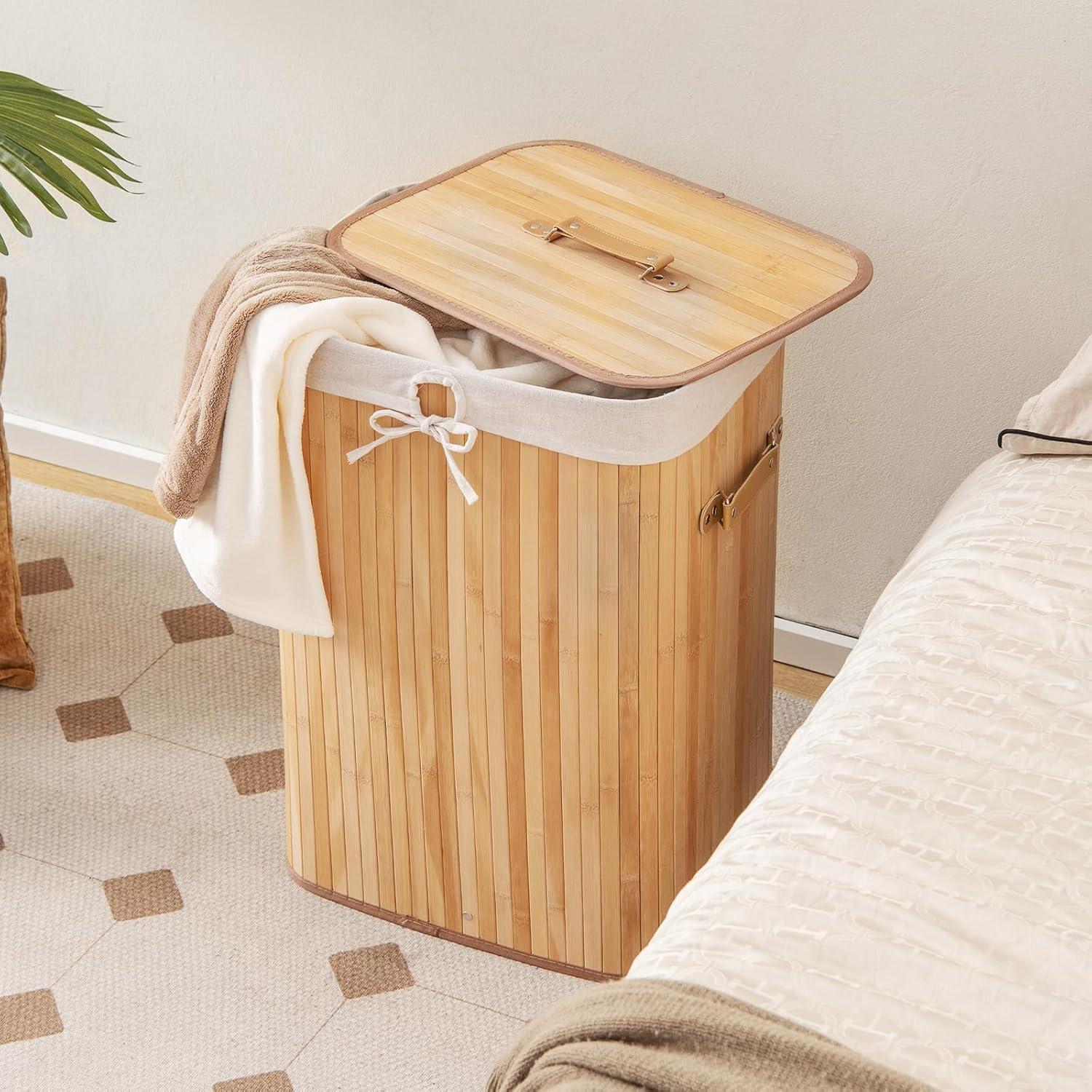 image:imageGiantex Bamboo Laundry Hamper with Lid 72L Large amp Tall Clothes Hamper with Removable Liner amp Handles Rectangular Laundry Basket for Small Spaces Laundry Room Bedroom BrownNatural