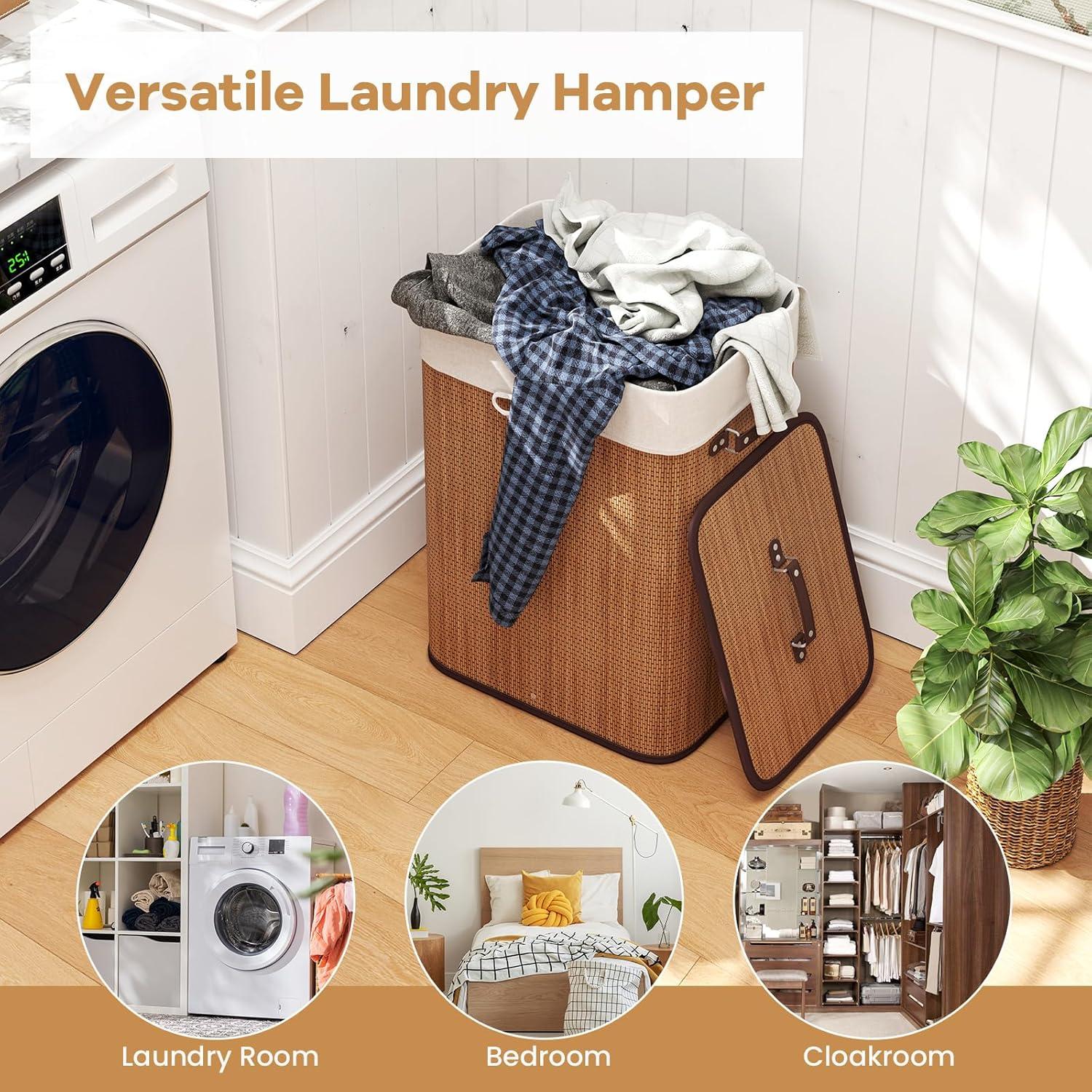 image:imageGiantex Bamboo Laundry Hamper with Lid 72L Large amp Tall Clothes Hamper with Removable Liner amp Handles Rectangular Laundry Basket for Small Spaces Laundry Room Bedroom BrownBamboo