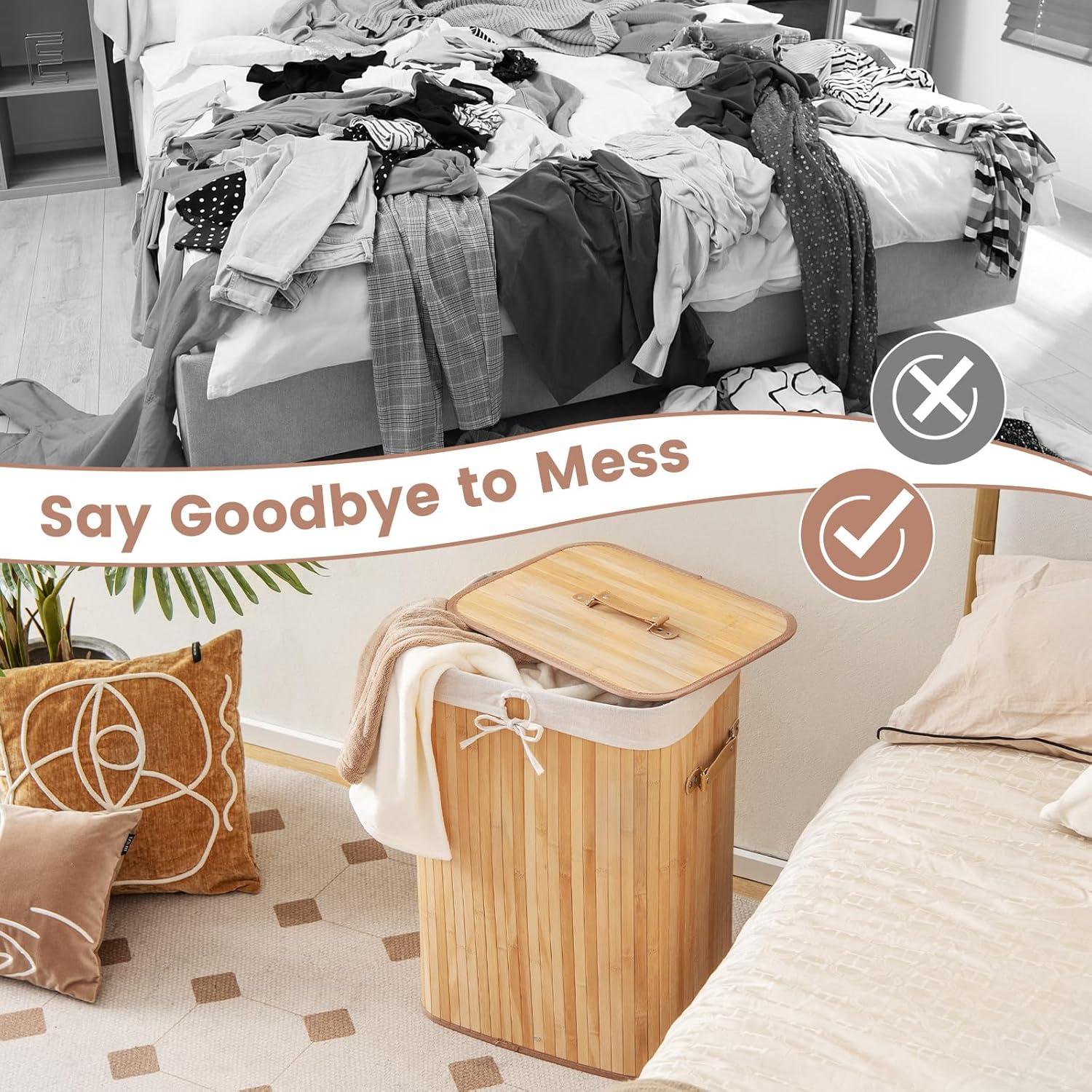 image:imageGiantex Bamboo Laundry Hamper with Lid 72L Large amp Tall Clothes Hamper with Removable Liner amp Handles Rectangular Laundry Basket for Small Spaces Laundry Room Bedroom BrownNatural