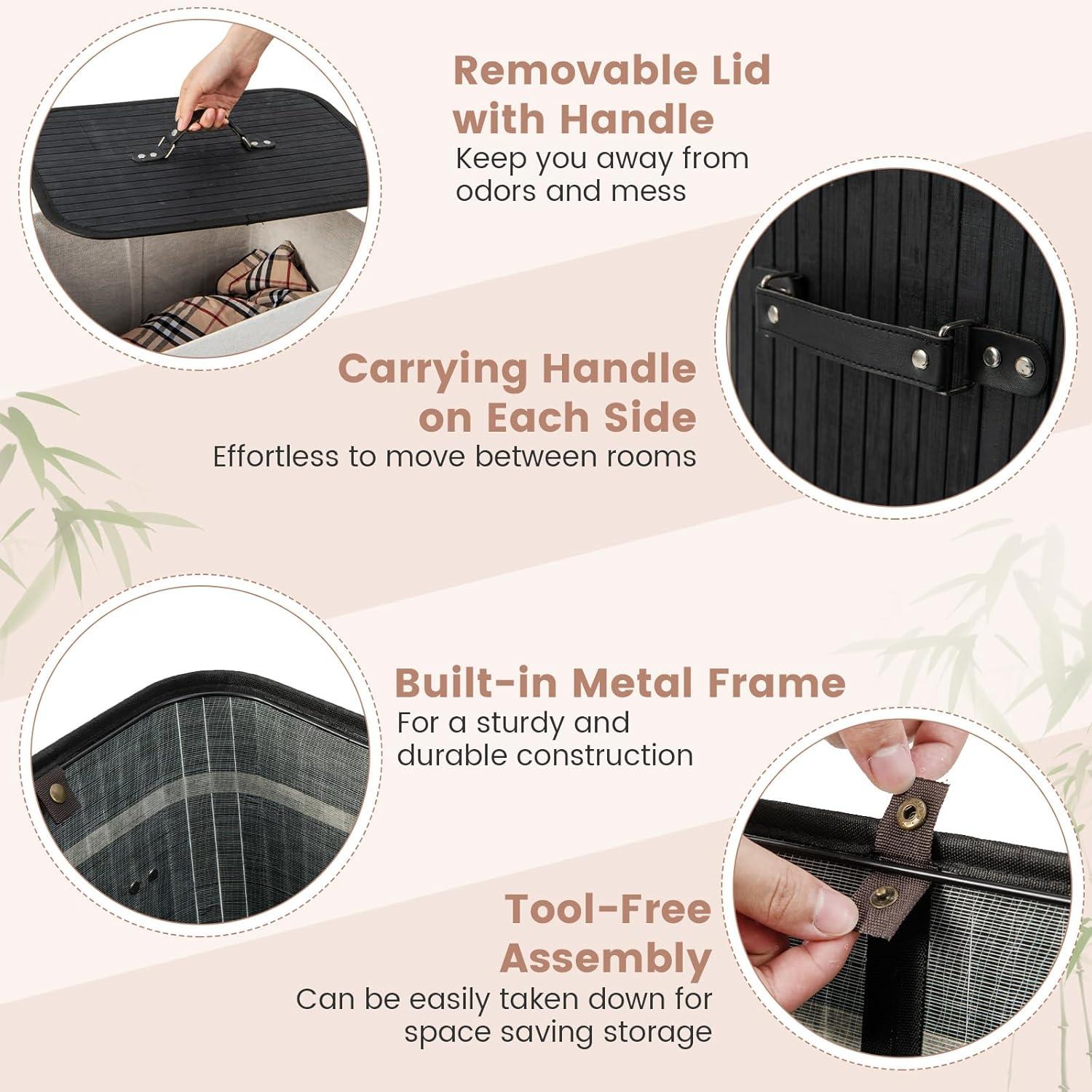 image:imageGiantex Bamboo Laundry Hamper with Lid 72L Large amp Tall Clothes Hamper with Removable Liner amp Handles Rectangular Laundry Basket for Small Spaces Laundry Room Bedroom BrownBlack