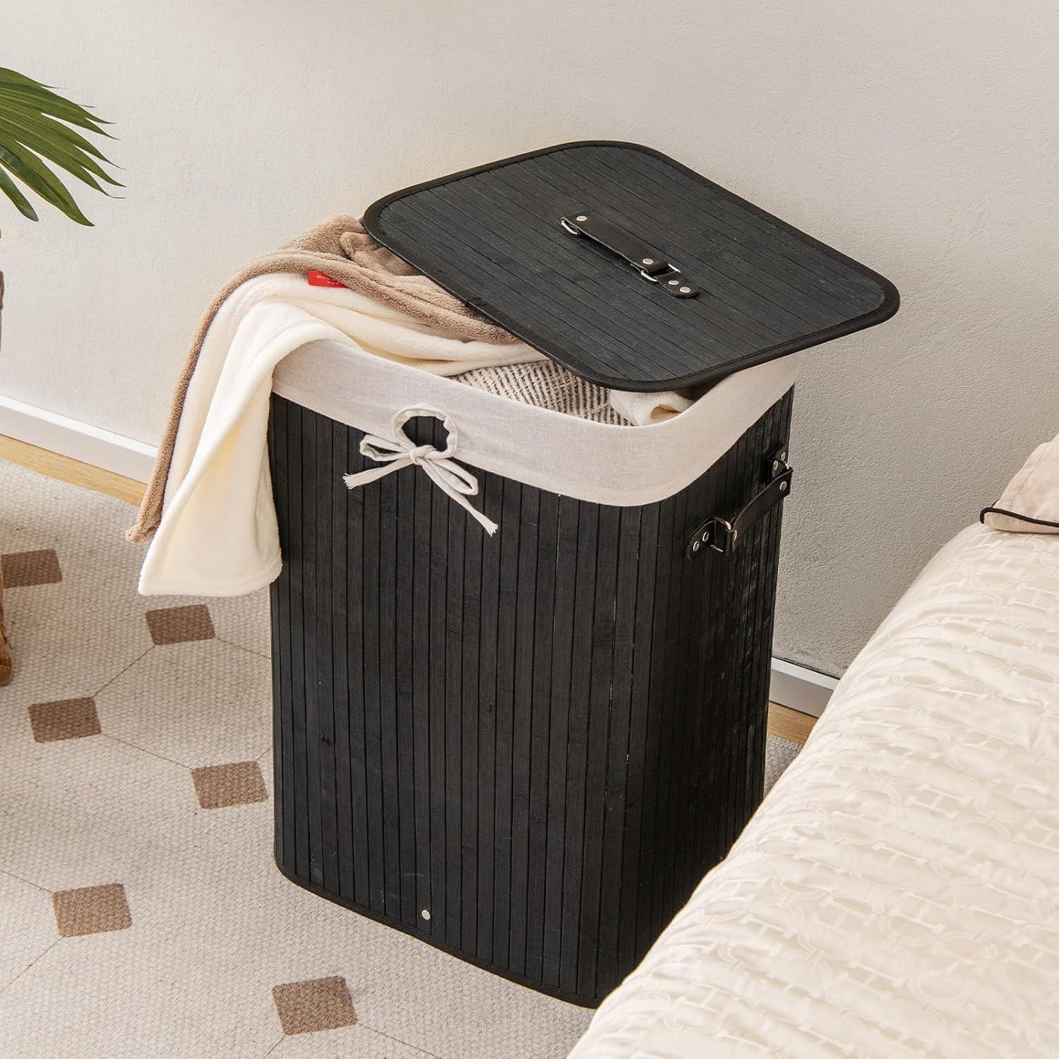 image:imageGiantex Bamboo Laundry Hamper with Lid 72L Large amp Tall Clothes Hamper with Removable Liner amp Handles Rectangular Laundry Basket for Small Spaces Laundry Room Bedroom BrownBlack