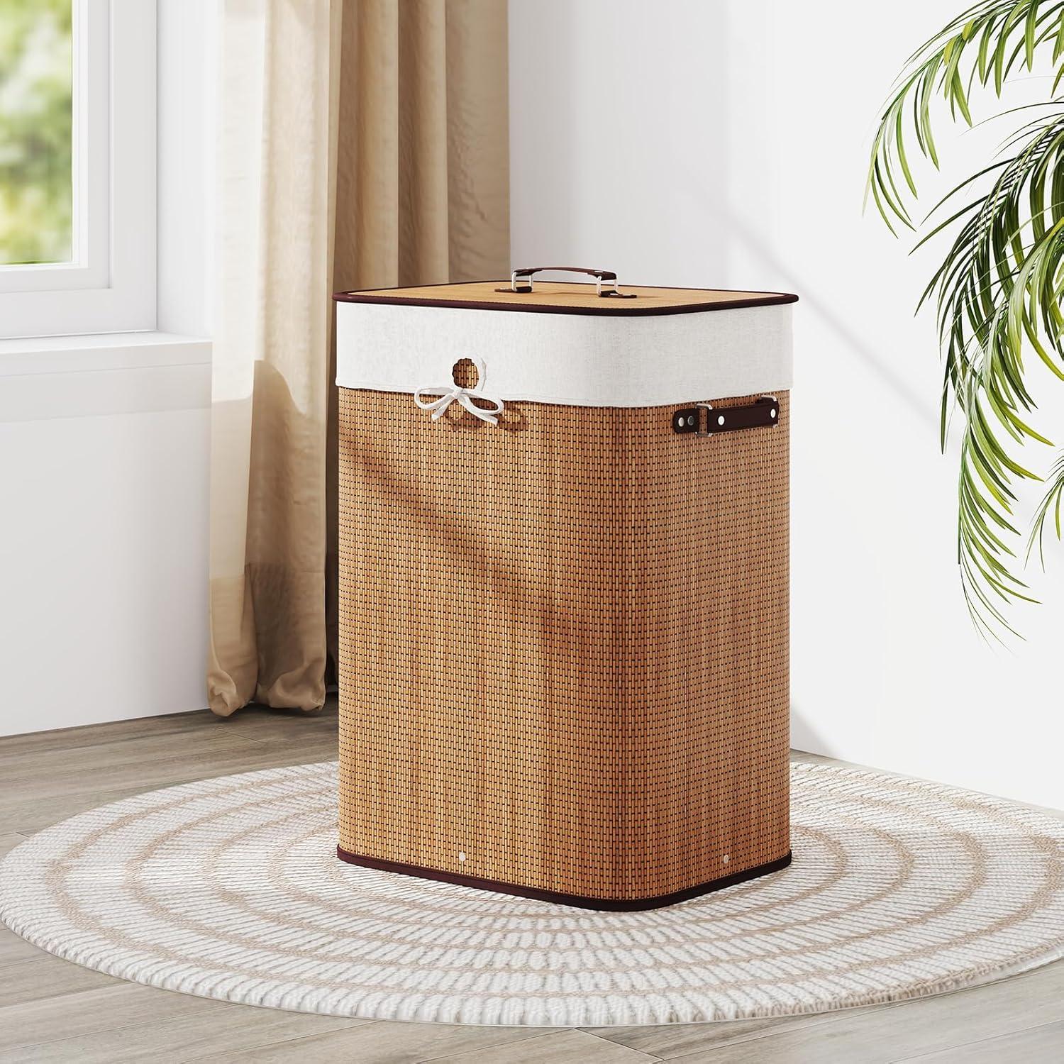 image:imageGiantex Bamboo Laundry Hamper with Lid 72L Large amp Tall Clothes Hamper with Removable Liner amp Handles Rectangular Laundry Basket for Small Spaces Laundry Room Bedroom BrownBamboo
