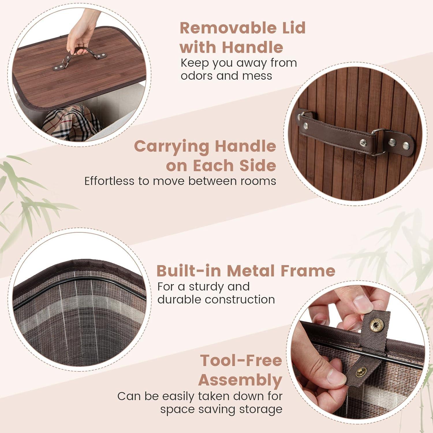 image:imageGiantex Bamboo Laundry Hamper with Lid 72L Large amp Tall Clothes Hamper with Removable Liner amp Handles Rectangular Laundry Basket for Small Spaces Laundry Room Bedroom BrownBrown