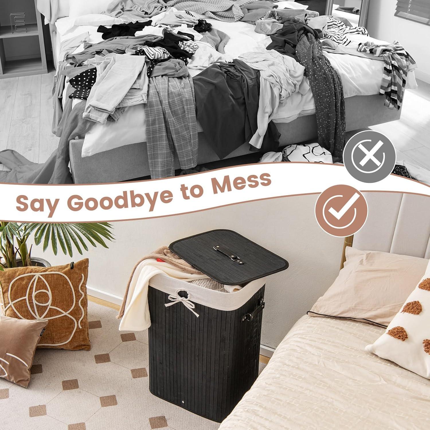 image:imageGiantex Bamboo Laundry Hamper with Lid 72L Large amp Tall Clothes Hamper with Removable Liner amp Handles Rectangular Laundry Basket for Small Spaces Laundry Room Bedroom BrownBlack