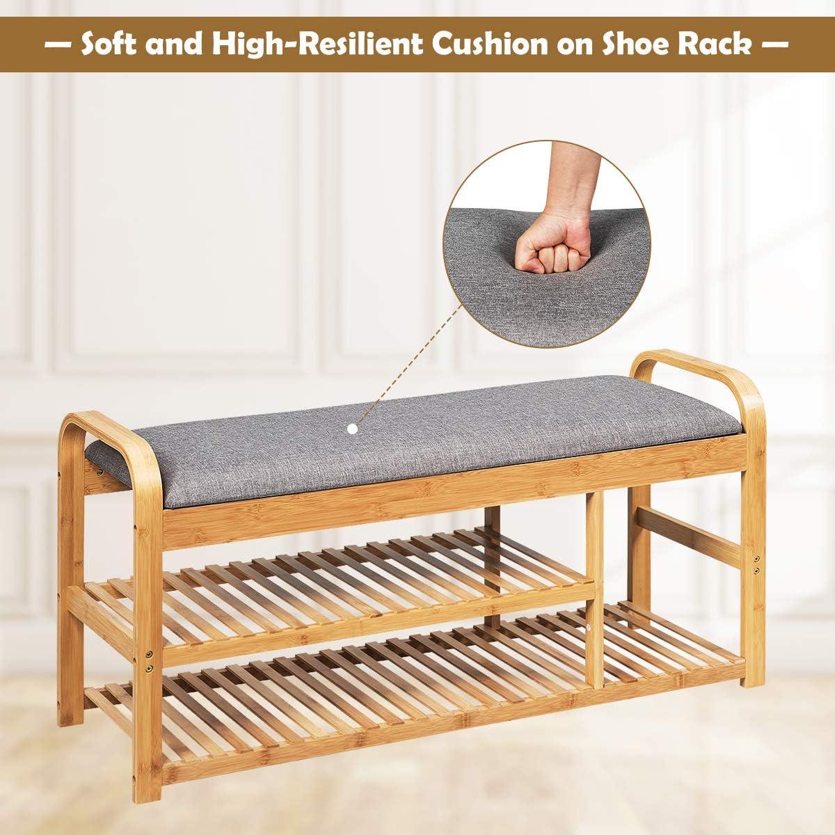 image:imageGiantex Bamboo Shoe Bench3Tier Entryway Bench with CushionMax Load 330 LBS Modern Stool Storage Shelf for Bedroom Living Room Hallway Natural and GreyNatural and Grey