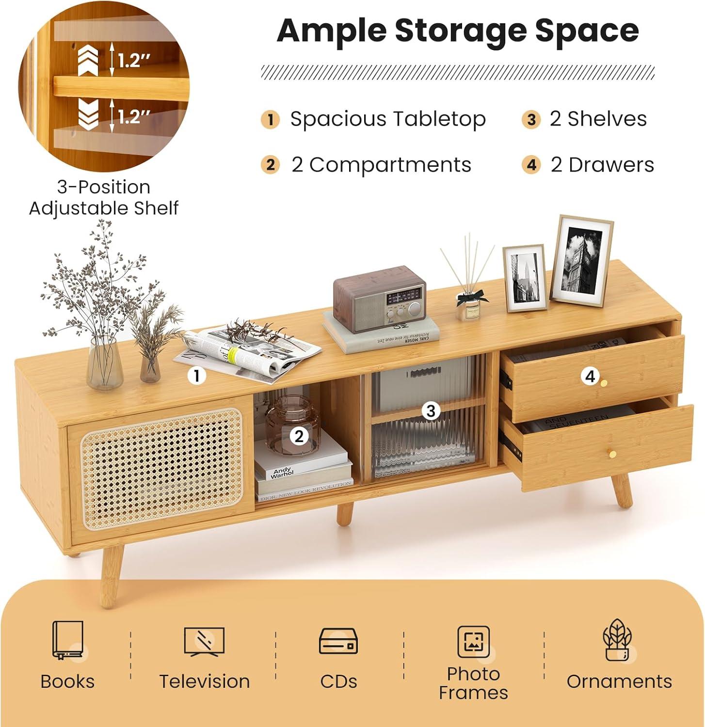 image:imageGiantex Bamboo TV Stand for 55 60 65 Inch TV PE Rattan Entertainment Center with Sliding Doors Drawers Open Shelves 5 Solid Wood Legs 2 Cable Holes TV Console Table for Living Room Bedroom