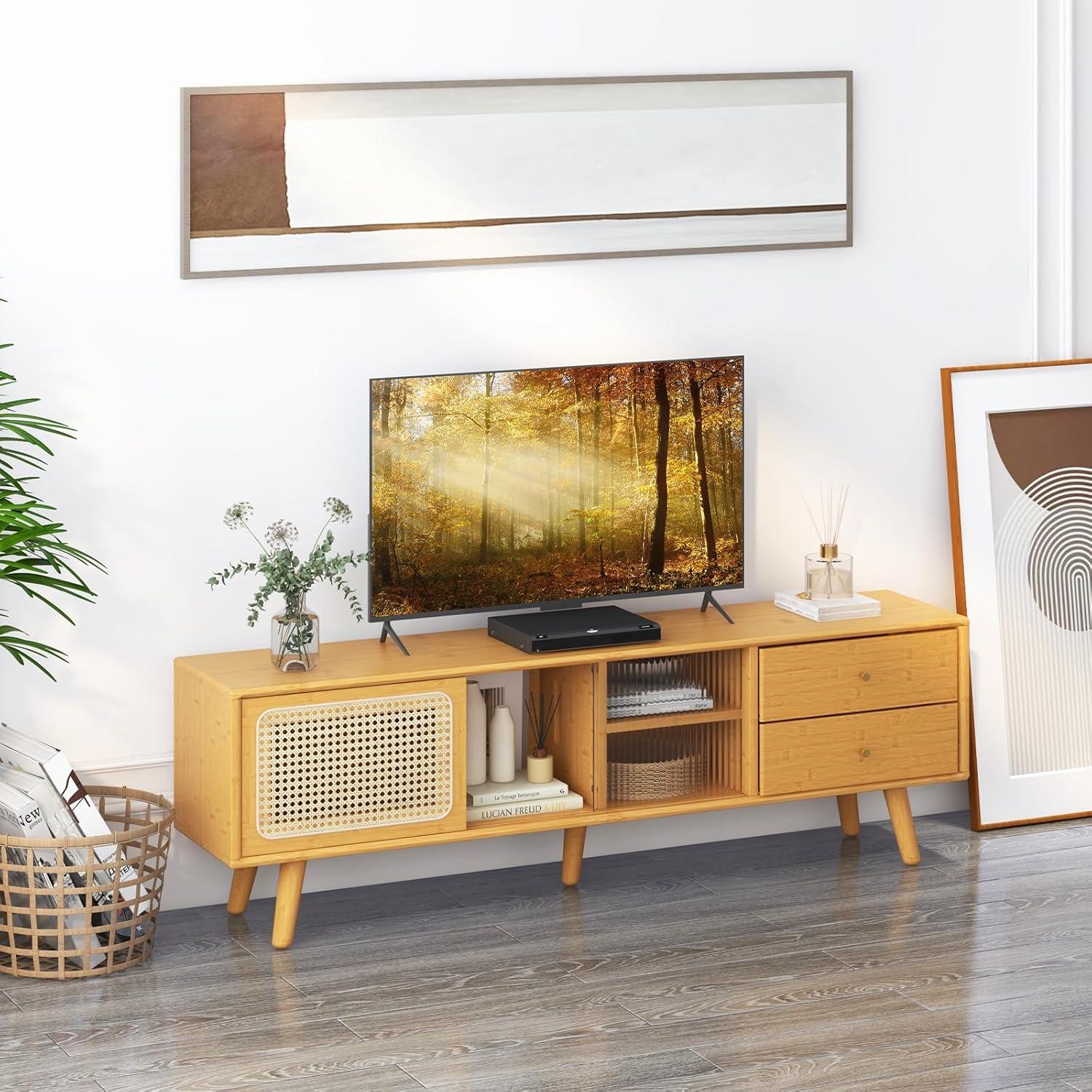 image:imageGiantex Bamboo TV Stand for 55 60 65 Inch TV PE Rattan Entertainment Center with Sliding Doors Drawers Open Shelves 5 Solid Wood Legs 2 Cable Holes TV Console Table for Living Room Bedroom