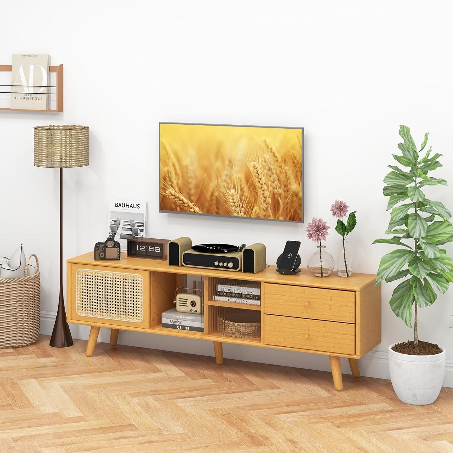 image:imageGiantex Bamboo TV Stand for 55 60 65 Inch TV PE Rattan Entertainment Center with Sliding Doors Drawers Open Shelves 5 Solid Wood Legs 2 Cable Holes TV Console Table for Living Room Bedroom