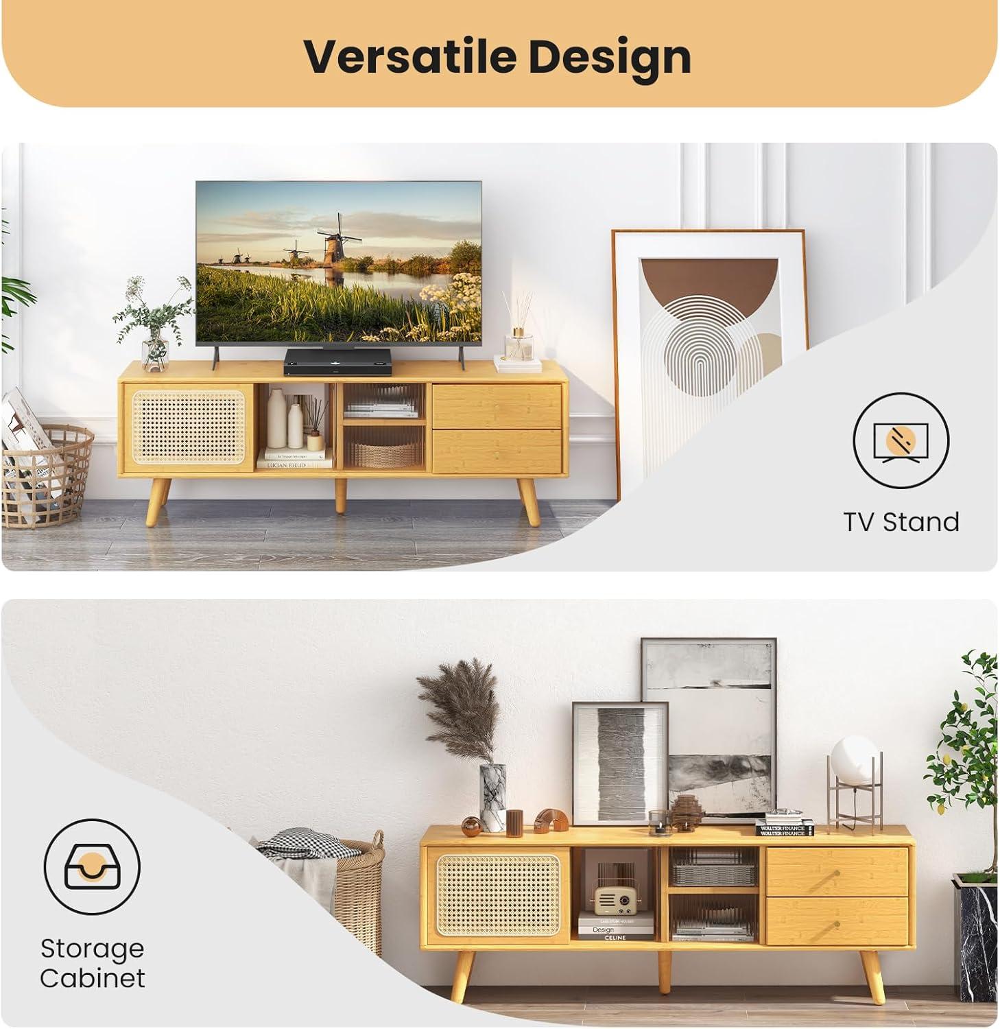 image:imageGiantex Bamboo TV Stand for 55 60 65 Inch TV PE Rattan Entertainment Center with Sliding Doors Drawers Open Shelves 5 Solid Wood Legs 2 Cable Holes TV Console Table for Living Room Bedroom