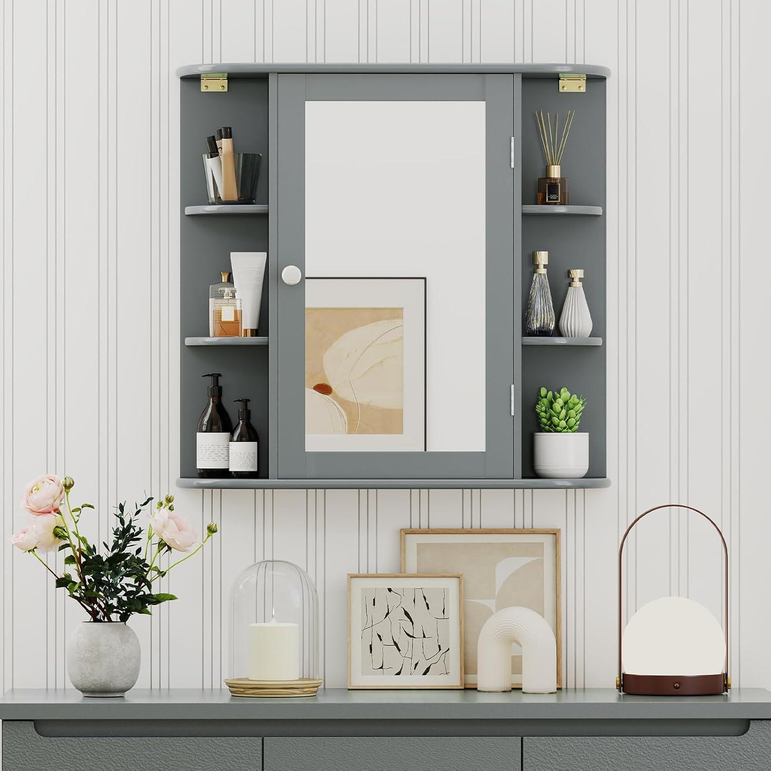 image:imageGiantex Bathroom Medicine Cabinet Wall Mounted Bathroom Mirror Cabinet with Mirrored Door amp 4 Interior Shelves 6 Open Shelves Mounting Hardware SpaceSaving Storage Cabinet WhiteGrey