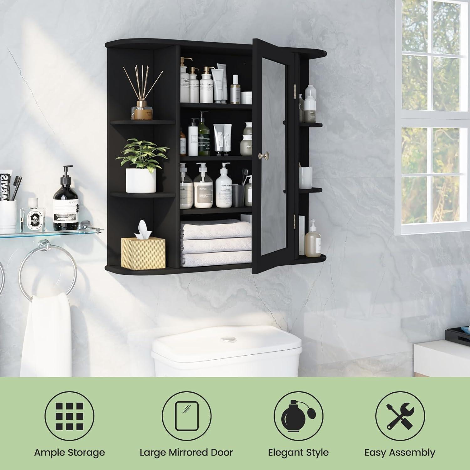 image:imageGiantex Bathroom Medicine Cabinet Wall Mounted Bathroom Mirror Cabinet with Mirrored Door amp 4 Interior Shelves 6 Open Shelves Mounting Hardware SpaceSaving Storage Cabinet WhiteBlack