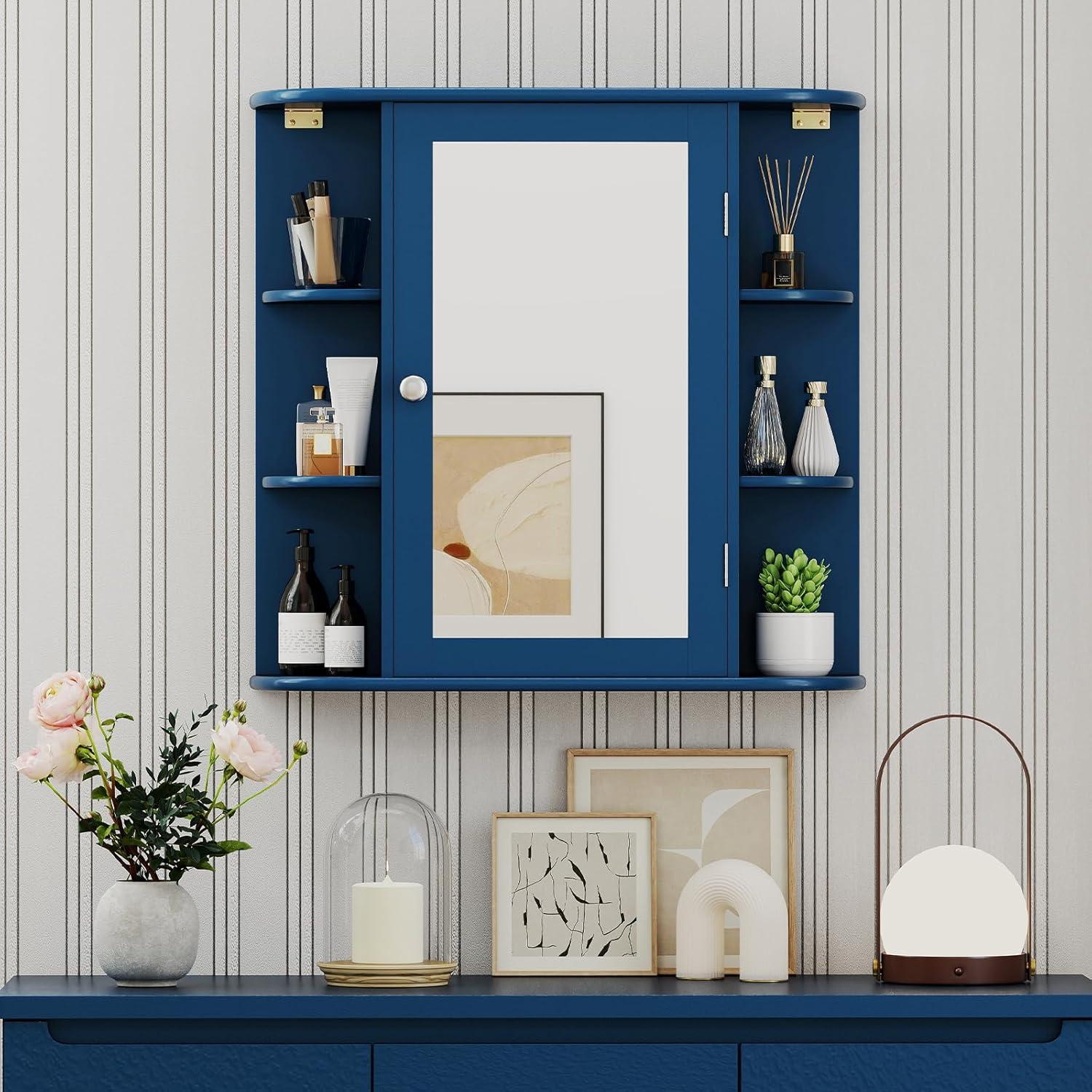 image:imageGiantex Bathroom Medicine Cabinet Wall Mounted Bathroom Mirror Cabinet with Mirrored Door amp 4 Interior Shelves 6 Open Shelves Mounting Hardware SpaceSaving Storage Cabinet WhiteBlue