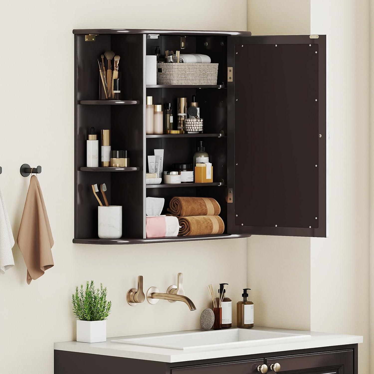 image:imageGiantex Bathroom Medicine Cabinet Wall Mounted Bathroom Mirror Cabinet with Mirrored Door amp 4 Interior Shelves 6 Open Shelves Mounting Hardware SpaceSaving Storage Cabinet WhiteBrown