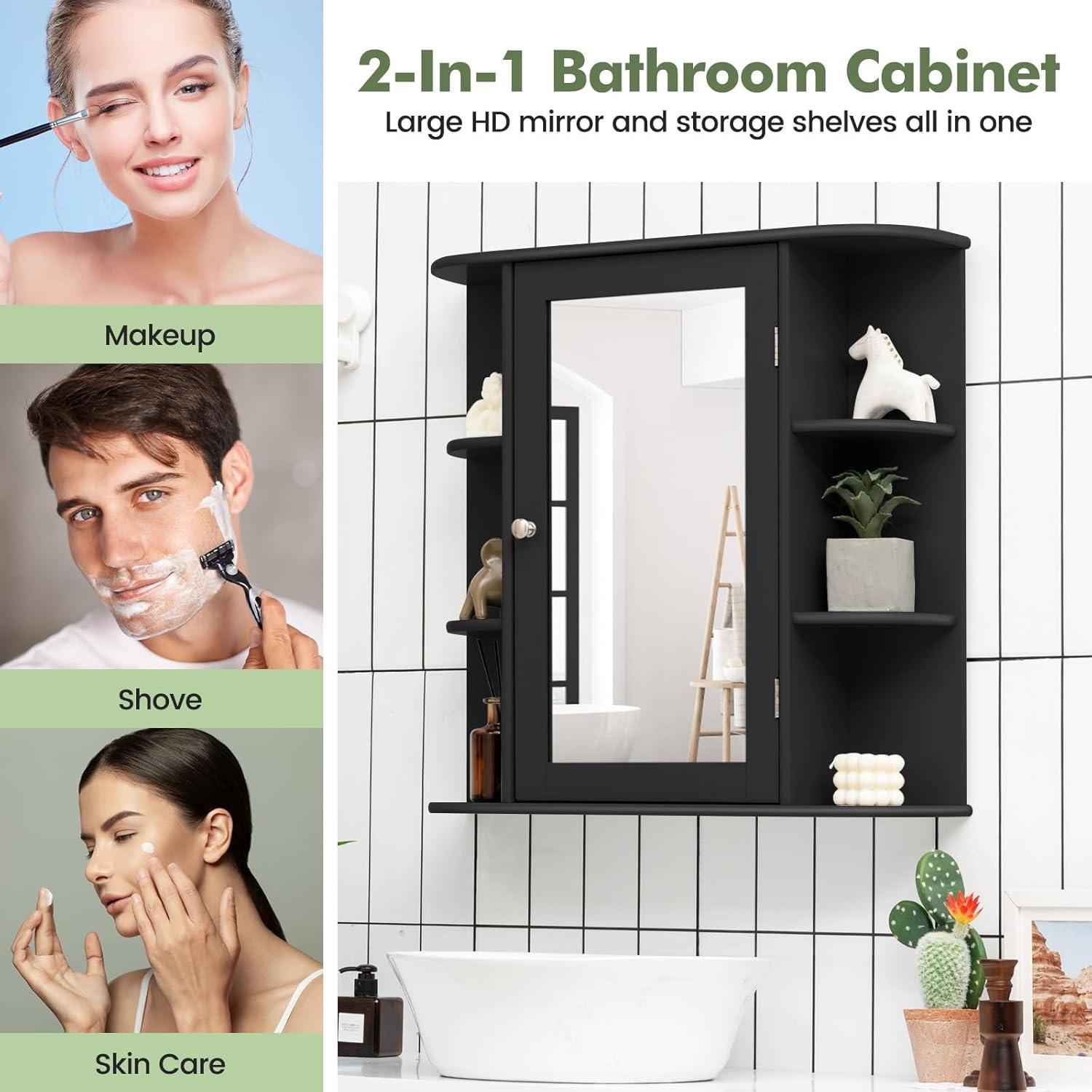 image:imageGiantex Bathroom Medicine Cabinet Wall Mounted Bathroom Mirror Cabinet with Mirrored Door amp 4 Interior Shelves 6 Open Shelves Mounting Hardware SpaceSaving Storage Cabinet WhiteBlack