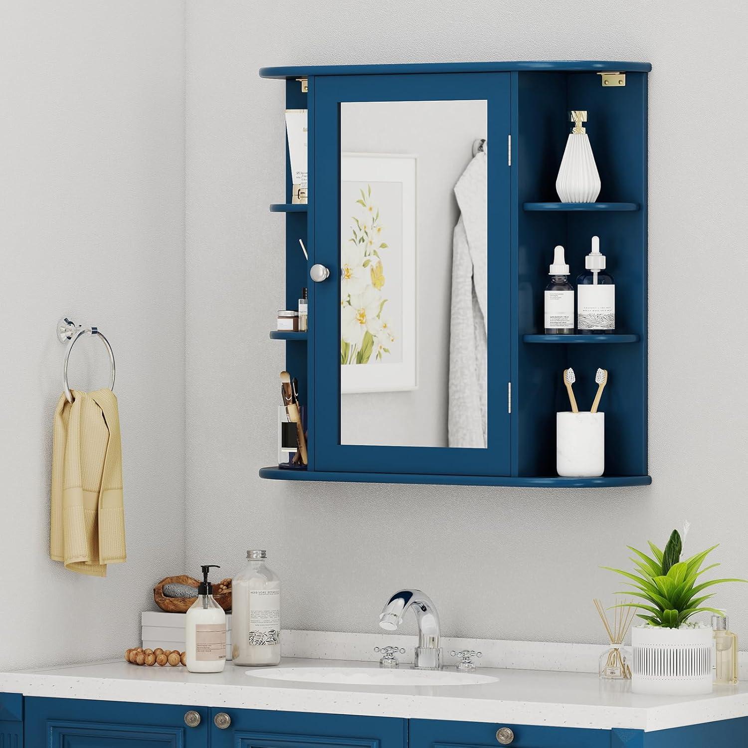 image:imageGiantex Bathroom Medicine Cabinet Wall Mounted Bathroom Mirror Cabinet with Mirrored Door amp 4 Interior Shelves 6 Open Shelves Mounting Hardware SpaceSaving Storage Cabinet WhiteBlue