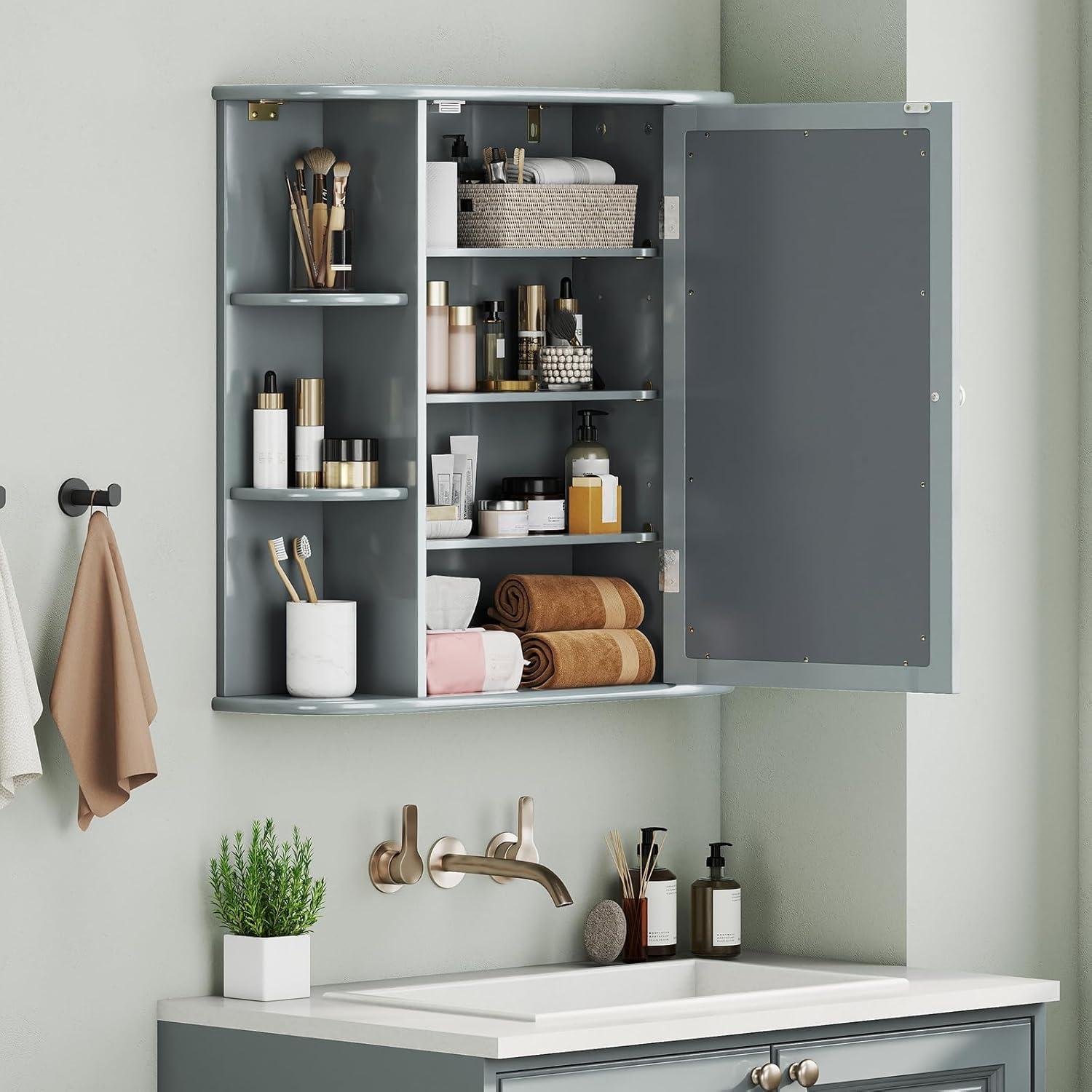 image:imageGiantex Bathroom Medicine Cabinet Wall Mounted Bathroom Mirror Cabinet with Mirrored Door amp 4 Interior Shelves 6 Open Shelves Mounting Hardware SpaceSaving Storage Cabinet WhiteGrey