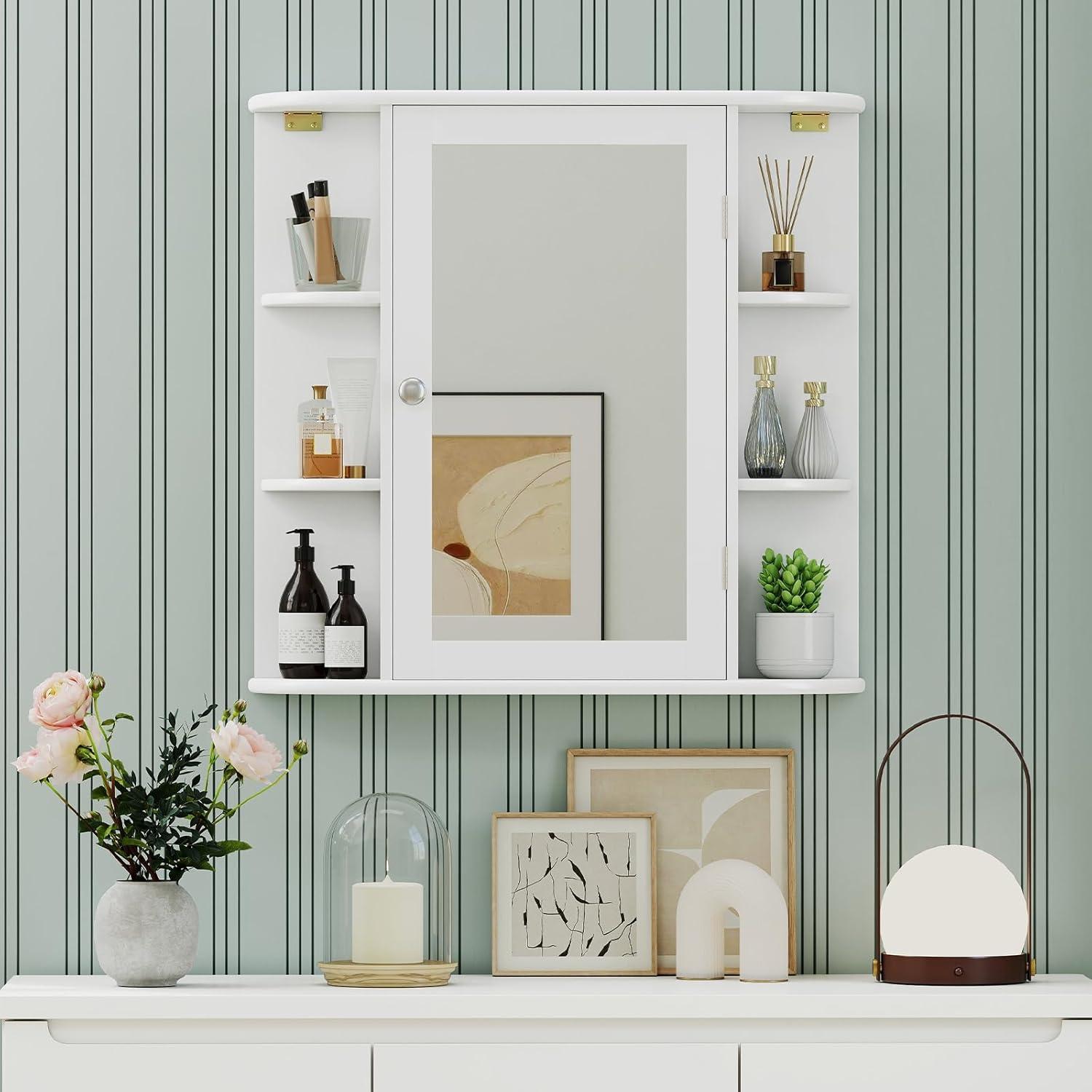 image:imageGiantex Bathroom Medicine Cabinet Wall Mounted Bathroom Mirror Cabinet with Mirrored Door amp 4 Interior Shelves 6 Open Shelves Mounting Hardware SpaceSaving Storage Cabinet WhiteWhite