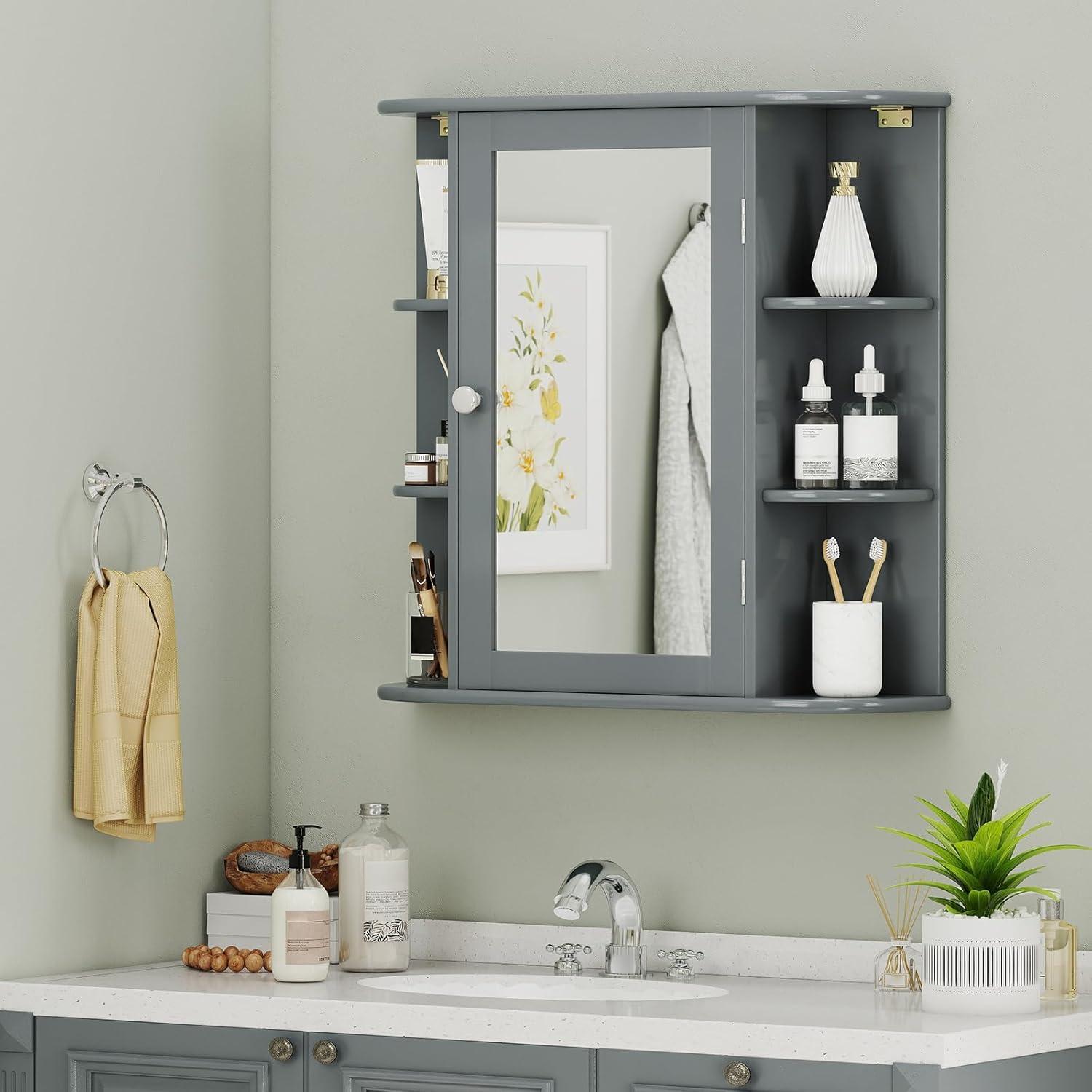 image:imageGiantex Bathroom Medicine Cabinet Wall Mounted Bathroom Mirror Cabinet with Mirrored Door amp 4 Interior Shelves 6 Open Shelves Mounting Hardware SpaceSaving Storage Cabinet WhiteGrey