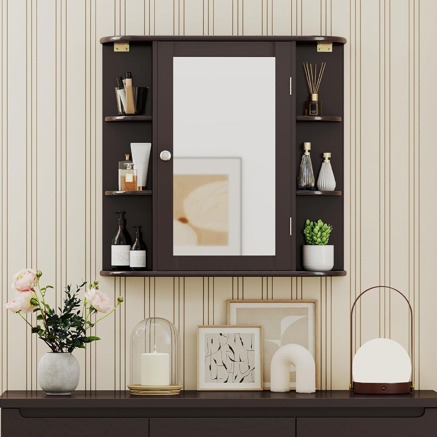 image:imageGiantex Bathroom Medicine Cabinet Wall Mounted Bathroom Mirror Cabinet with Mirrored Door amp 4 Interior Shelves 6 Open Shelves Mounting Hardware SpaceSaving Storage Cabinet WhiteBrown