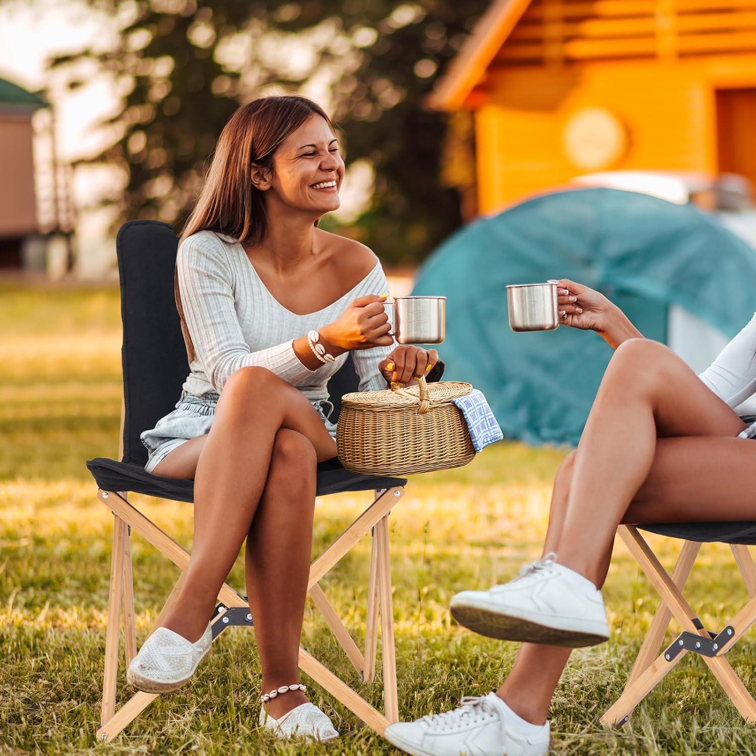 image:imageGiantex Camping Chairs 2 Pack Folding Beach Chairs for 330lbs Outdoor Butterfly Chair Portable Lawn Chairs for Picnic Fishing Hiking Mountaineering Lightweight Bamboo Frame No Assembly BeigeBlack