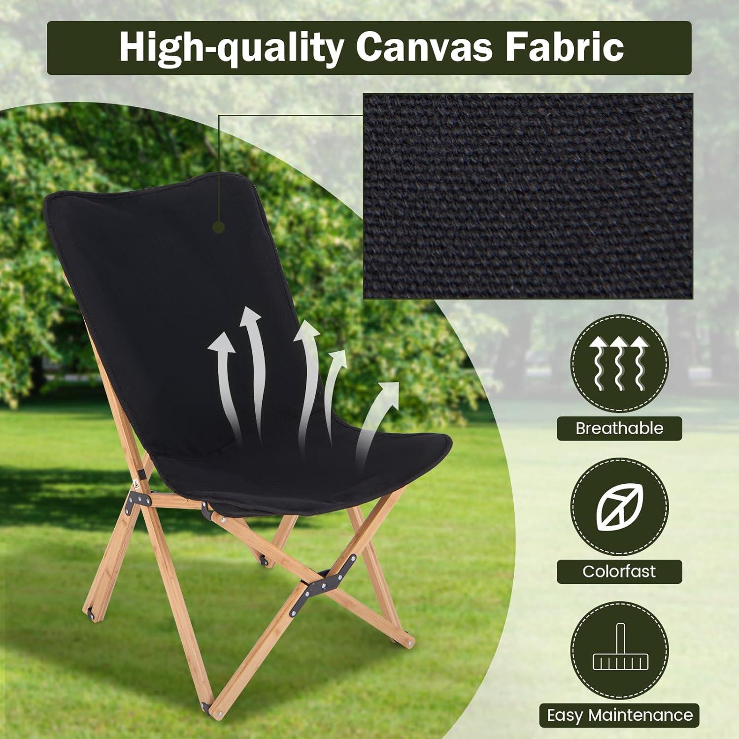 image:imageGiantex Camping Chairs 2 Pack Folding Beach Chairs for 330lbs Outdoor Butterfly Chair Portable Lawn Chairs for Picnic Fishing Hiking Mountaineering Lightweight Bamboo Frame No Assembly BeigeBlack