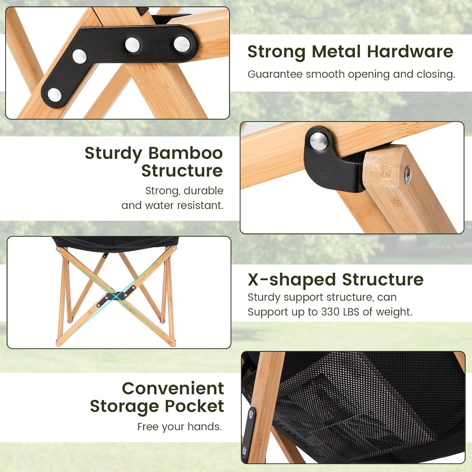 image:imageGiantex Camping Chairs 2 Pack Folding Beach Chairs for 330lbs Outdoor Butterfly Chair Portable Lawn Chairs for Picnic Fishing Hiking Mountaineering Lightweight Bamboo Frame No Assembly BeigeBlack