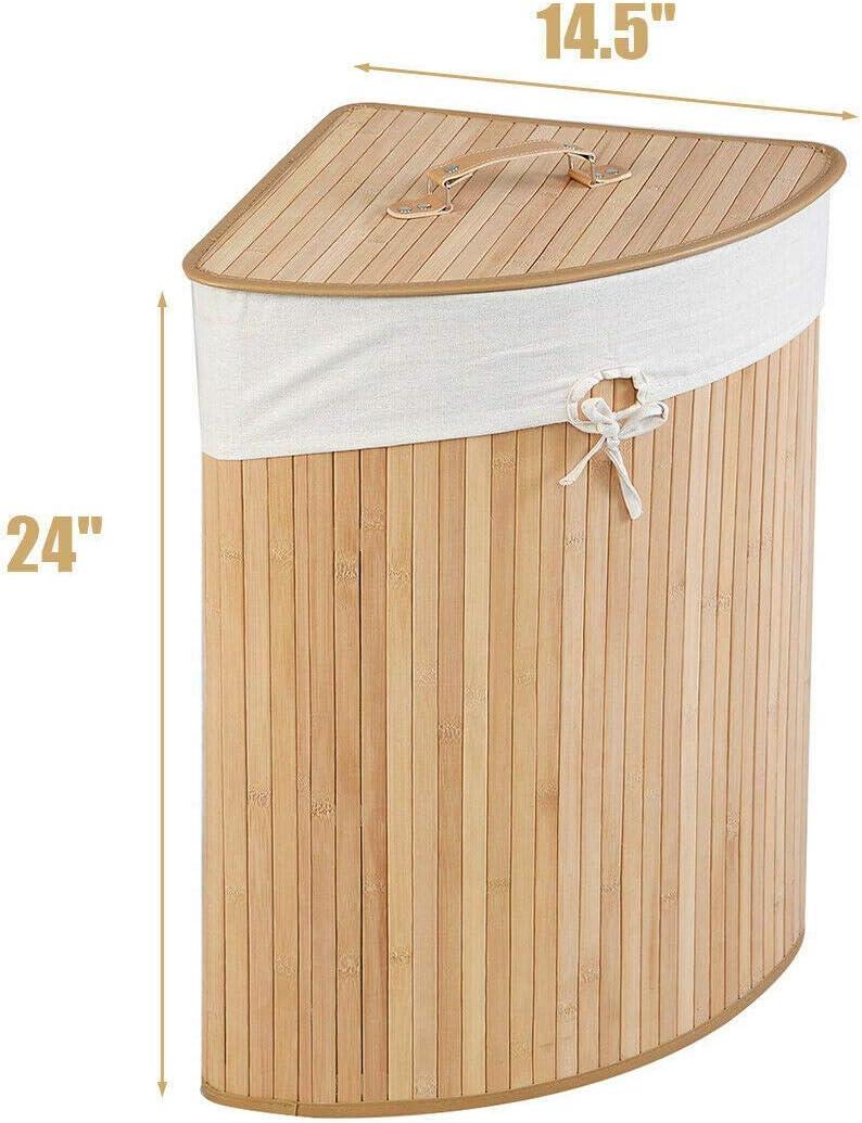 image:imageGiantex Corner Laundry Hamper with Lid Bamboo Laundry Basket with Removable Liner and Handle Clothes Basket for Cloth Organize Clothes Storage Bin for Bedroom Laundry Living Room Beige