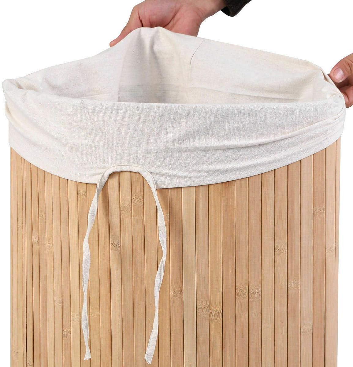 image:imageGiantex Corner Laundry Hamper with Lid Bamboo Laundry Basket with Removable Liner and Handle Clothes Basket for Cloth Organize Clothes Storage Bin for Bedroom Laundry Living Room Beige
