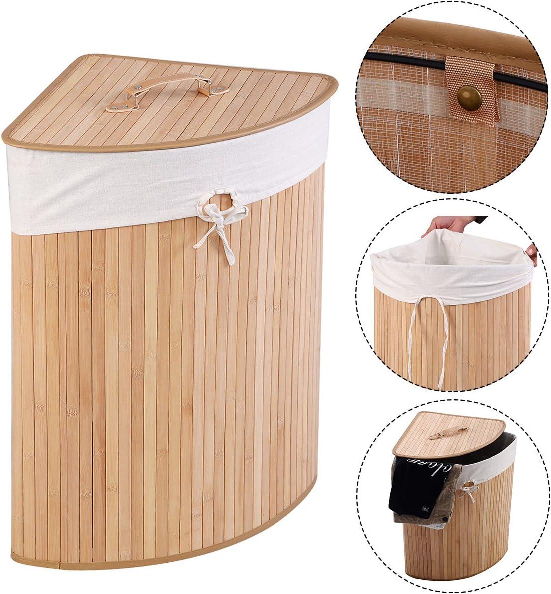 image:imageGiantex Corner Laundry Hamper with Lid Bamboo Laundry Basket with Removable Liner and Handle Clothes Basket for Cloth Organize Clothes Storage Bin for Bedroom Laundry Living Room Beige