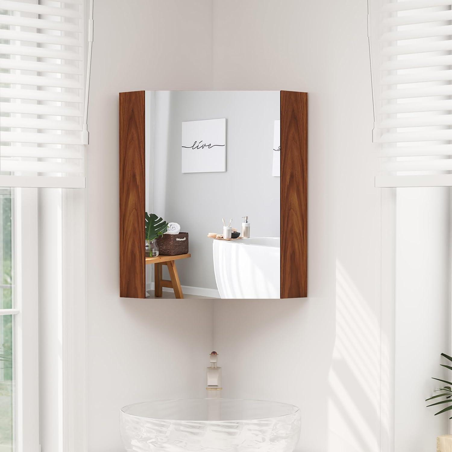 image:imageGiantex Corner Medicine Cabinet 235 Over The Toilet Storage Cabinet with Mirror Door Adjustable Shelf Clear Reflection SpaceSaving Mirrored Cabinet Bathroom Wall Cabinet for Entryway BrownBrown