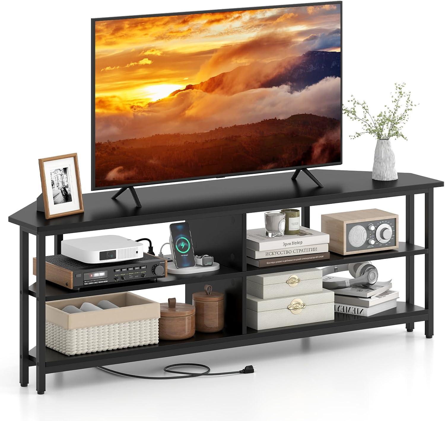 image:imageGiantex Corner TV Stand for 65 Inch TV Modern Entertainment Center wPower Outlet Storage ShelvesampMetal Frame Media TV Console Table for Living Room Bedroom Small Spaces Black
