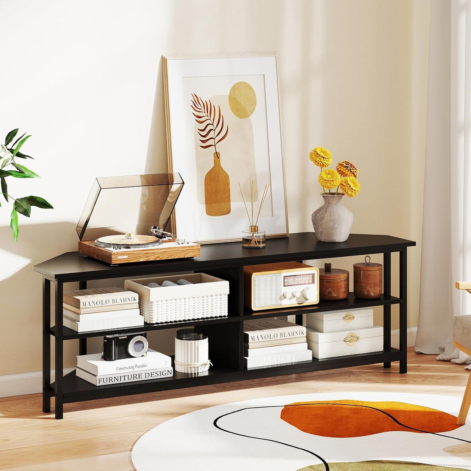 image:imageGiantex Corner TV Stand for 65 Inch TV Modern Entertainment Center wPower Outlet Storage ShelvesampMetal Frame Media TV Console Table for Living Room Bedroom Small Spaces Black