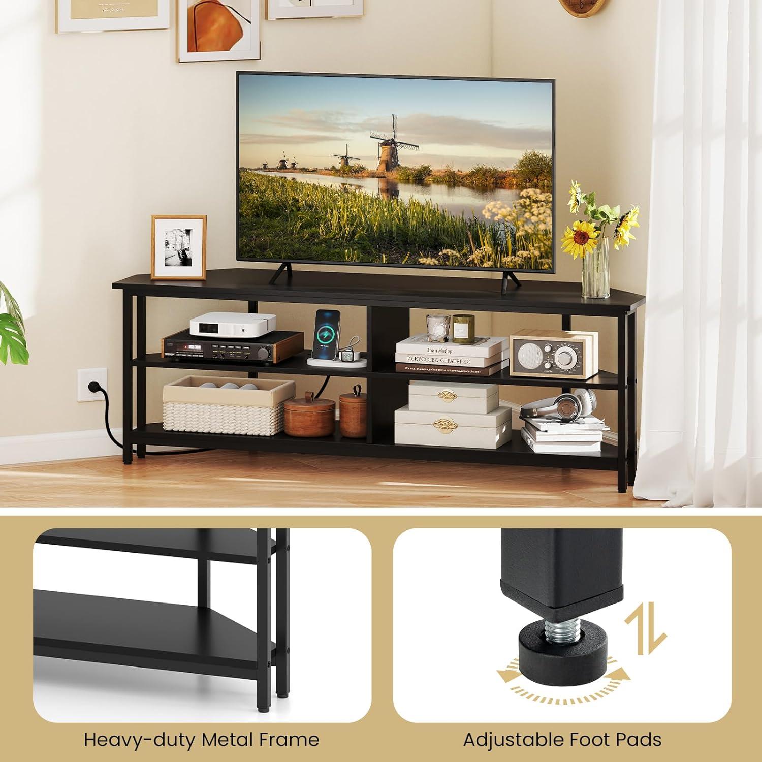 image:imageGiantex Corner TV Stand for 65 Inch TV Modern Entertainment Center wPower Outlet Storage ShelvesampMetal Frame Media TV Console Table for Living Room Bedroom Small Spaces Black