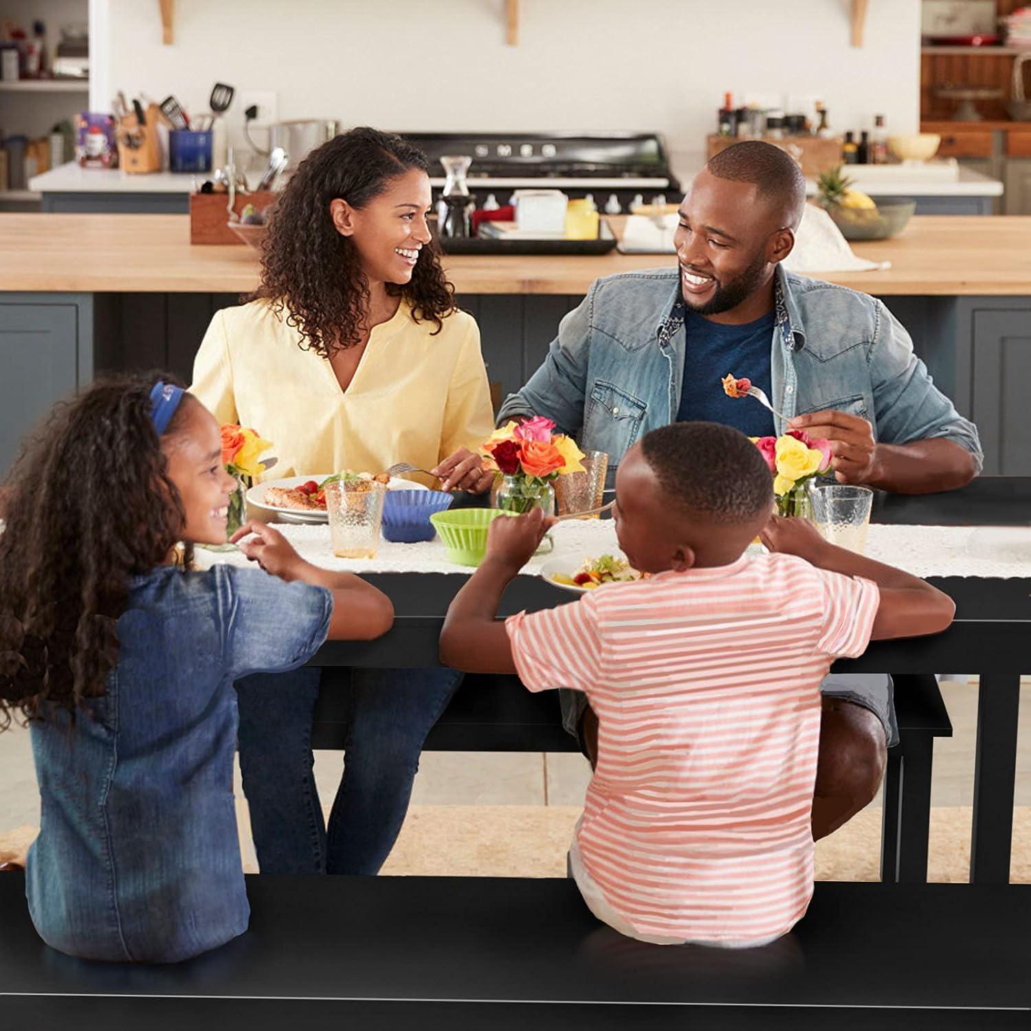 image:imageGiantex Dining Table with Bench Wooden 3 Pcs Kitchen Dining Room Furniture for 4 Modern Studio Collection Table Set with 2 Benches Dinette Set Kitchen Small Bench Table Set BlackBlack