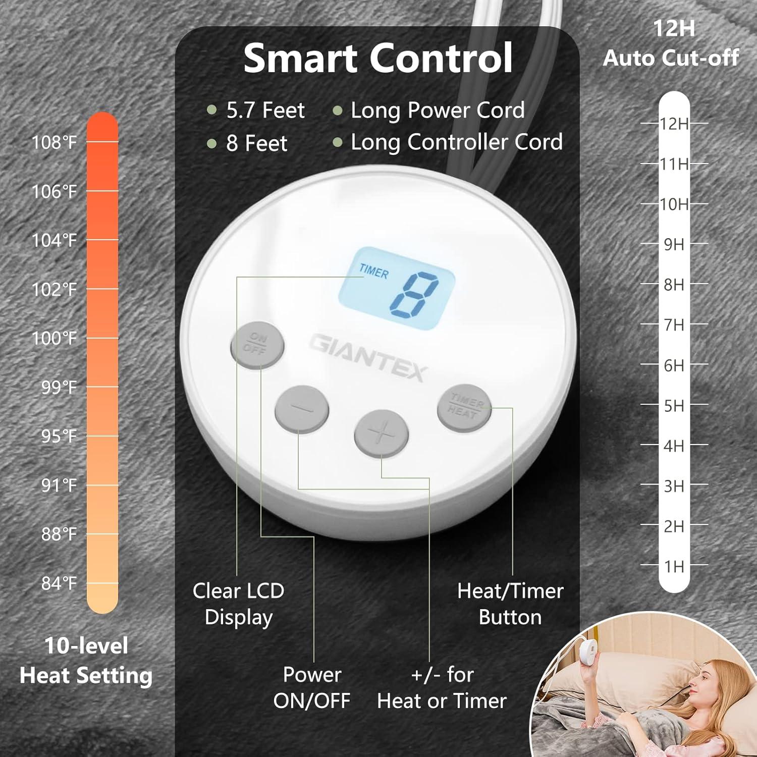 image:imageGiantex Electric Heated Blanket 84 x 62 Flannel Thermal Blanket wMachine Washable 10 Heating Levels 12 Hour Auto ShutOff Overheat Protection Twin Size Heating Blanket for Bed Couch Gray