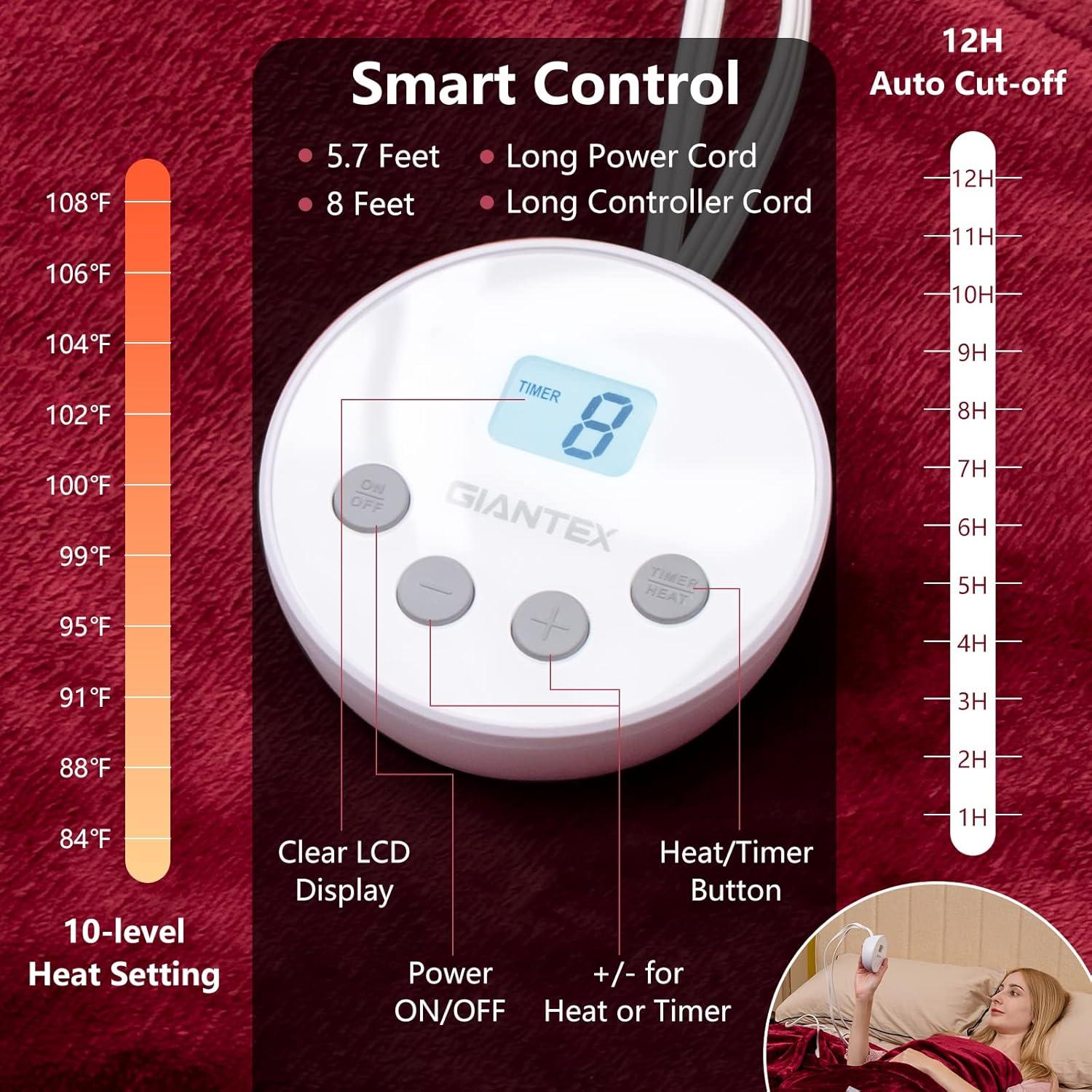 image:imageGiantex Electric Heated Blanket 84 x 62 Flannel Thermal Blanket wMachine Washable 10 Heating Levels 12 Hour Auto ShutOff Overheat Protection Twin Size Heating Blanket for Bed Couch Red