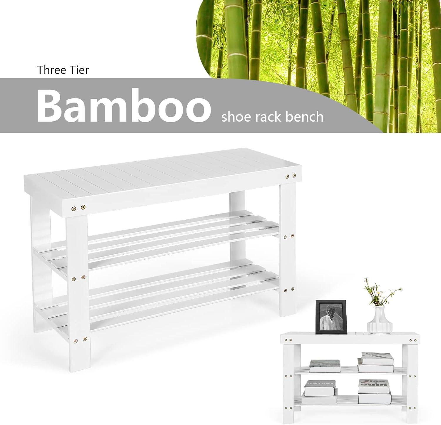 image:imageGiantex Entryway Shoe Bench Bamboo Shoe Shelf Organizer Holds up to 6 Pairs 3Tier Natural Shoe Storage Rack Heels Slippers for Entry Living Room Bathroom NaturalWhite