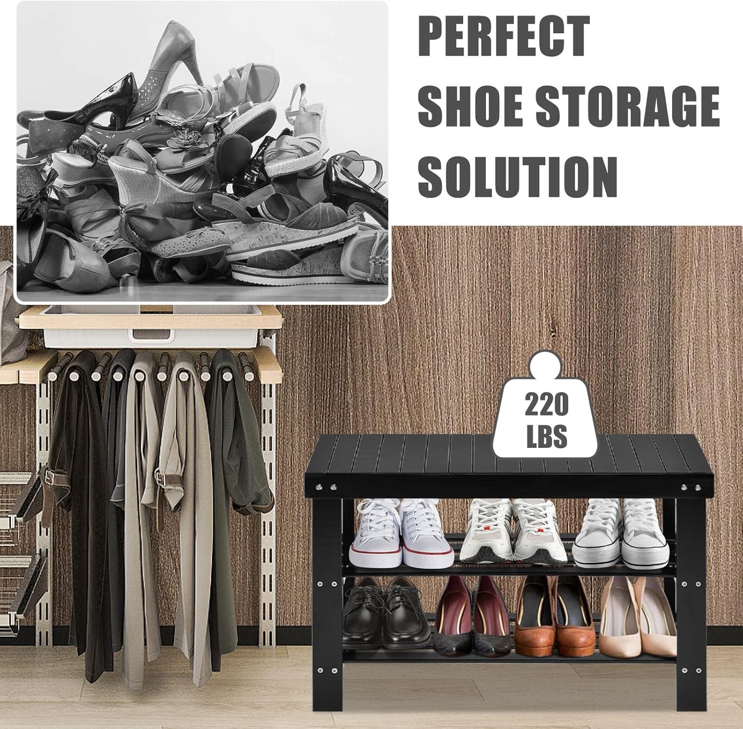 image:imageGiantex Entryway Shoe Bench Bamboo Shoe Shelf Organizer Holds up to 6 Pairs 3Tier Natural Shoe Storage Rack Heels Slippers for Entry Living Room Bathroom NaturalBlack