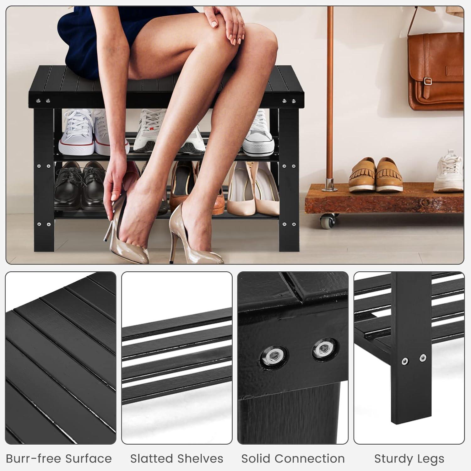 image:imageGiantex Entryway Shoe Bench Bamboo Shoe Shelf Organizer Holds up to 6 Pairs 3Tier Natural Shoe Storage Rack Heels Slippers for Entry Living Room Bathroom NaturalBlack