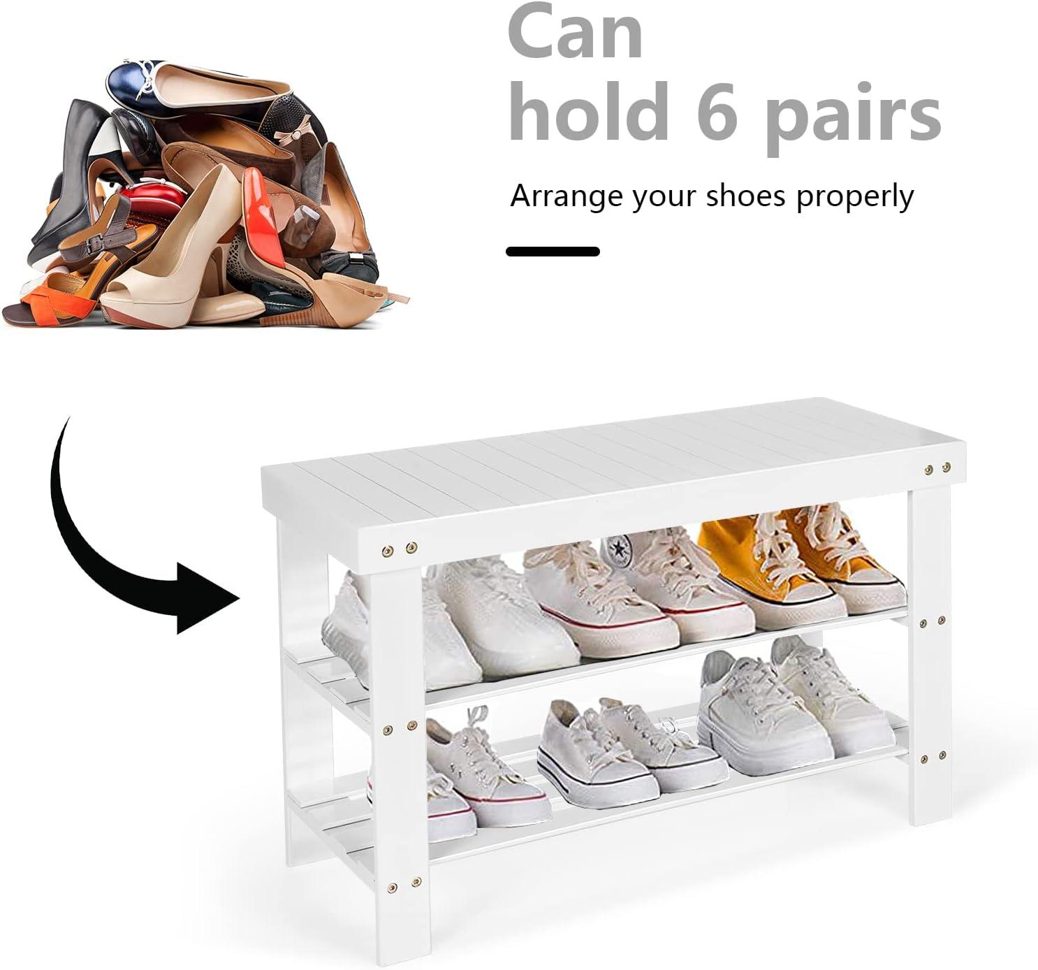 image:imageGiantex Entryway Shoe Bench Bamboo Shoe Shelf Organizer Holds up to 6 Pairs 3Tier Natural Shoe Storage Rack Heels Slippers for Entry Living Room Bathroom NaturalWhite