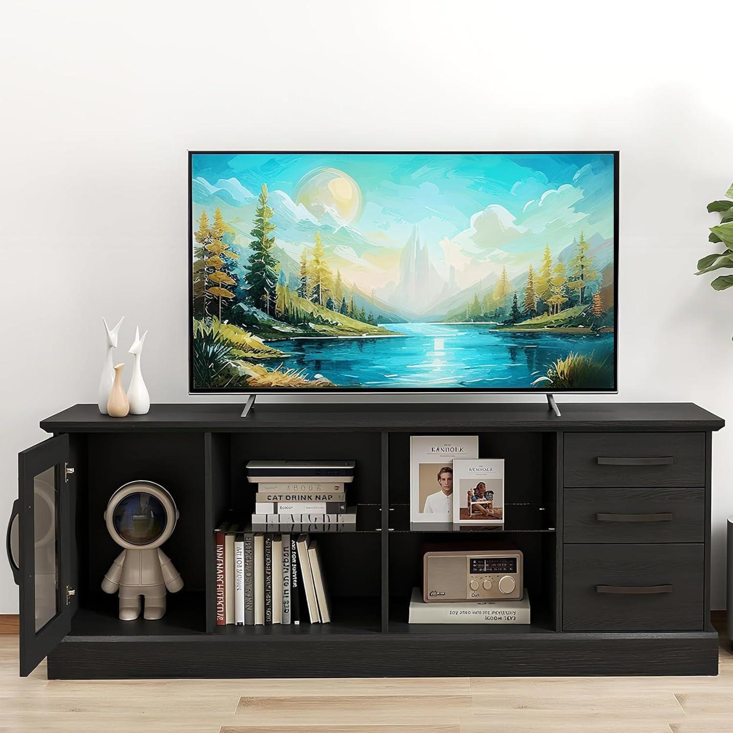 image:imageGiantex Farmhouse TV Stand for 73 Inch TV Wood TV Console Table wRemovable Glass Shelves Cable Management Holes amp Drawers Rustic Entertainment Center with Storage for Living Room Bedroom GreyBlack