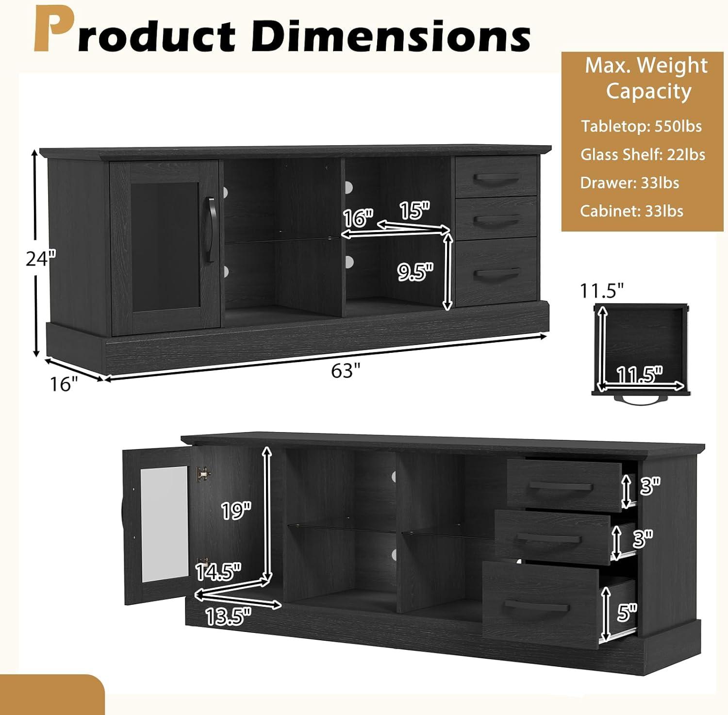 image:imageGiantex Farmhouse TV Stand for 73 Inch TV Wood TV Console Table wRemovable Glass Shelves Cable Management Holes amp Drawers Rustic Entertainment Center with Storage for Living Room Bedroom GreyBlack