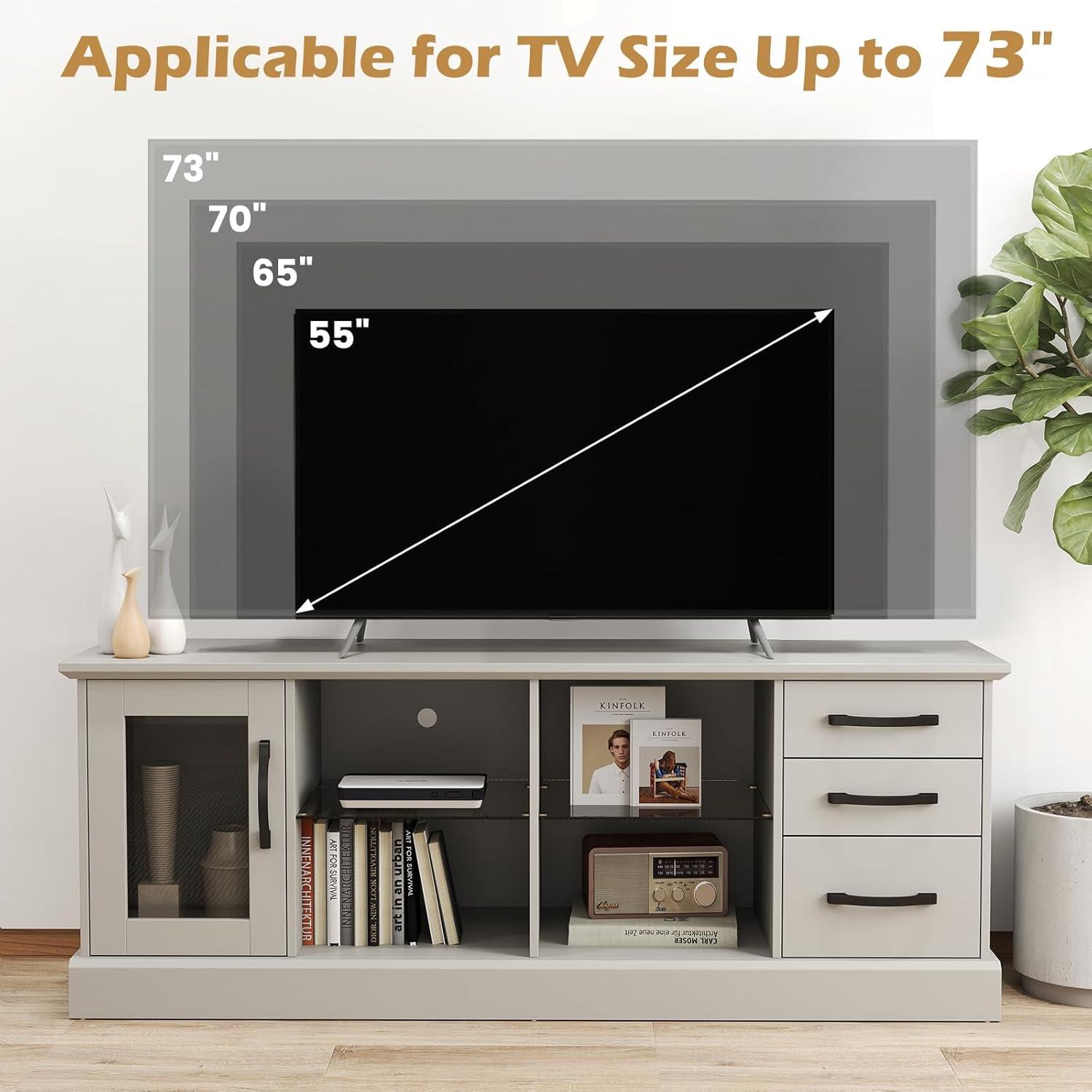 image:imageGiantex Farmhouse TV Stand for 73 Inch TV Wood TV Console Table wRemovable Glass Shelves Cable Management Holes amp Drawers Rustic Entertainment Center with Storage for Living Room Bedroom GreyGrey