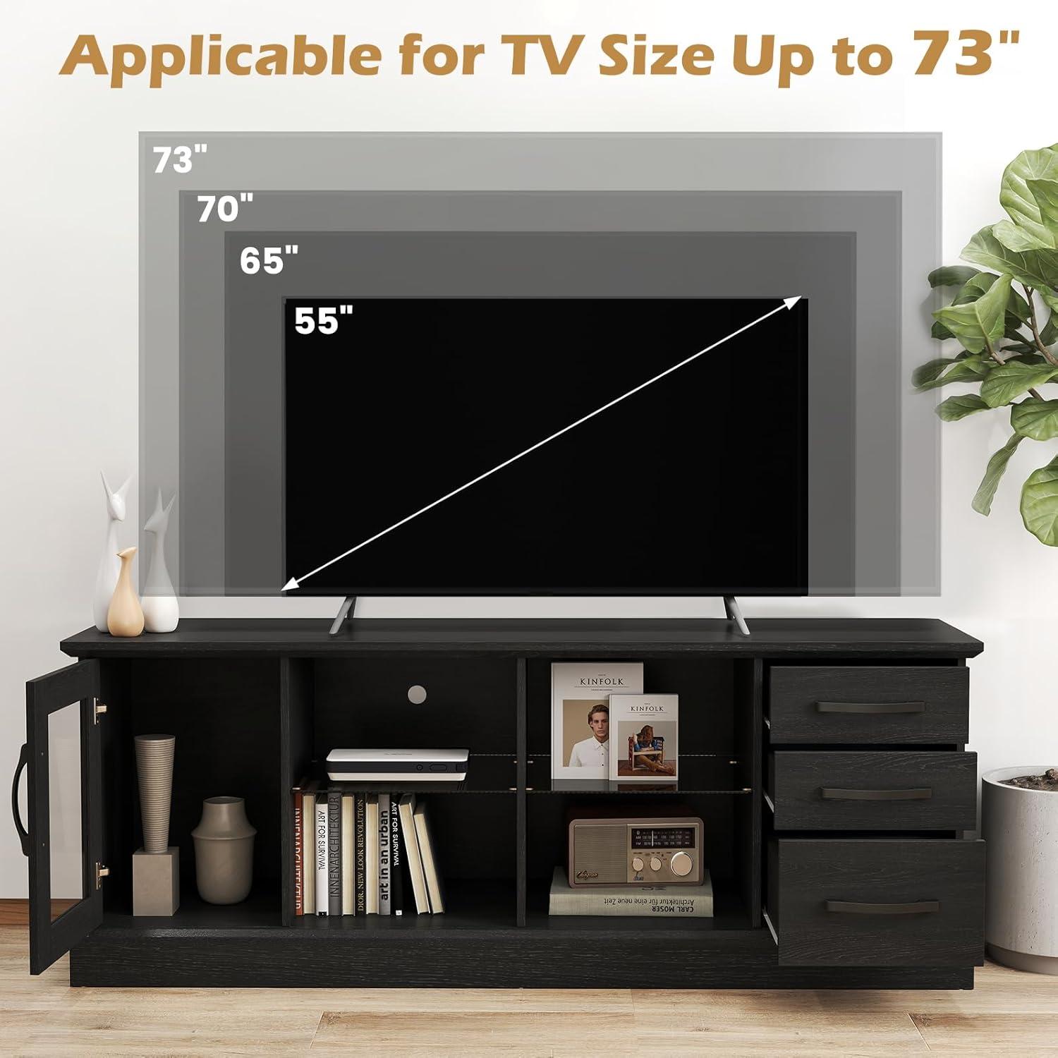 image:imageGiantex Farmhouse TV Stand for 73 Inch TV Wood TV Console Table wRemovable Glass Shelves Cable Management Holes amp Drawers Rustic Entertainment Center with Storage for Living Room Bedroom GreyBlack