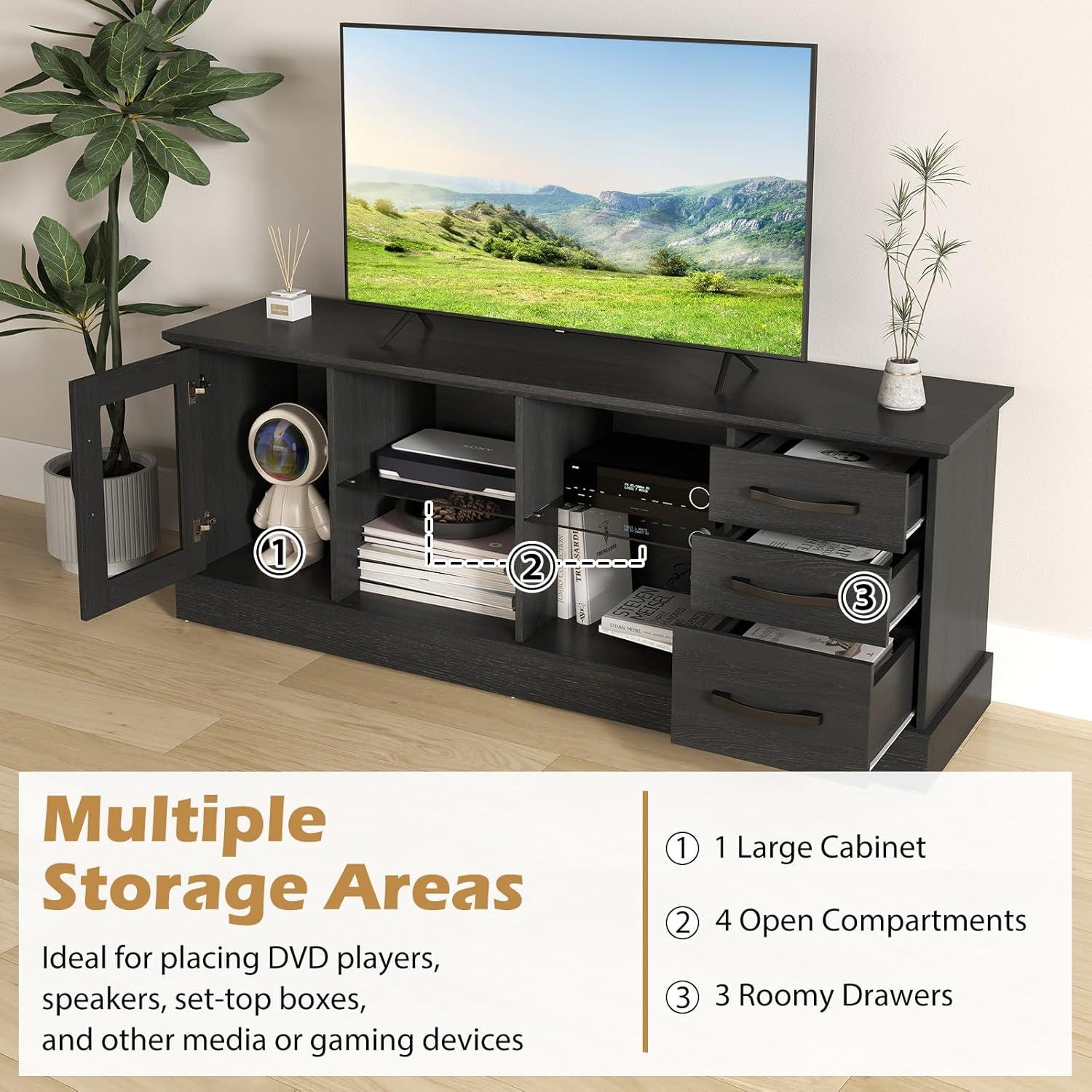 image:imageGiantex Farmhouse TV Stand for 73 Inch TV Wood TV Console Table wRemovable Glass Shelves Cable Management Holes amp Drawers Rustic Entertainment Center with Storage for Living Room Bedroom GreyBlack