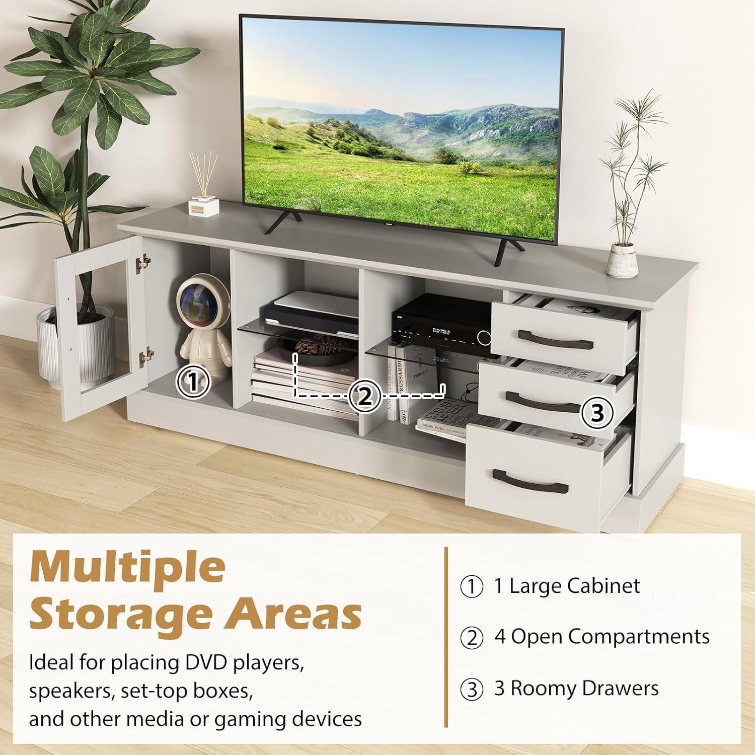 image:imageGiantex Farmhouse TV Stand for 73 Inch TV Wood TV Console Table wRemovable Glass Shelves Cable Management Holes amp Drawers Rustic Entertainment Center with Storage for Living Room Bedroom GreyGrey