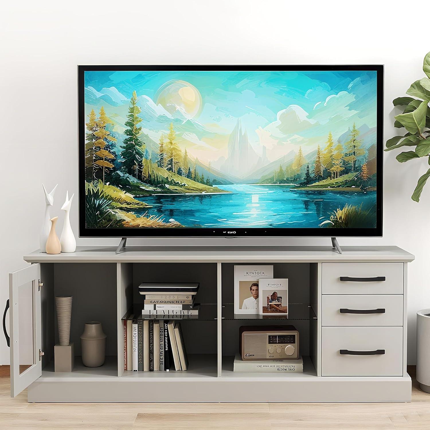 image:imageGiantex Farmhouse TV Stand for 73 Inch TV Wood TV Console Table wRemovable Glass Shelves Cable Management Holes amp Drawers Rustic Entertainment Center with Storage for Living Room Bedroom GreyGrey