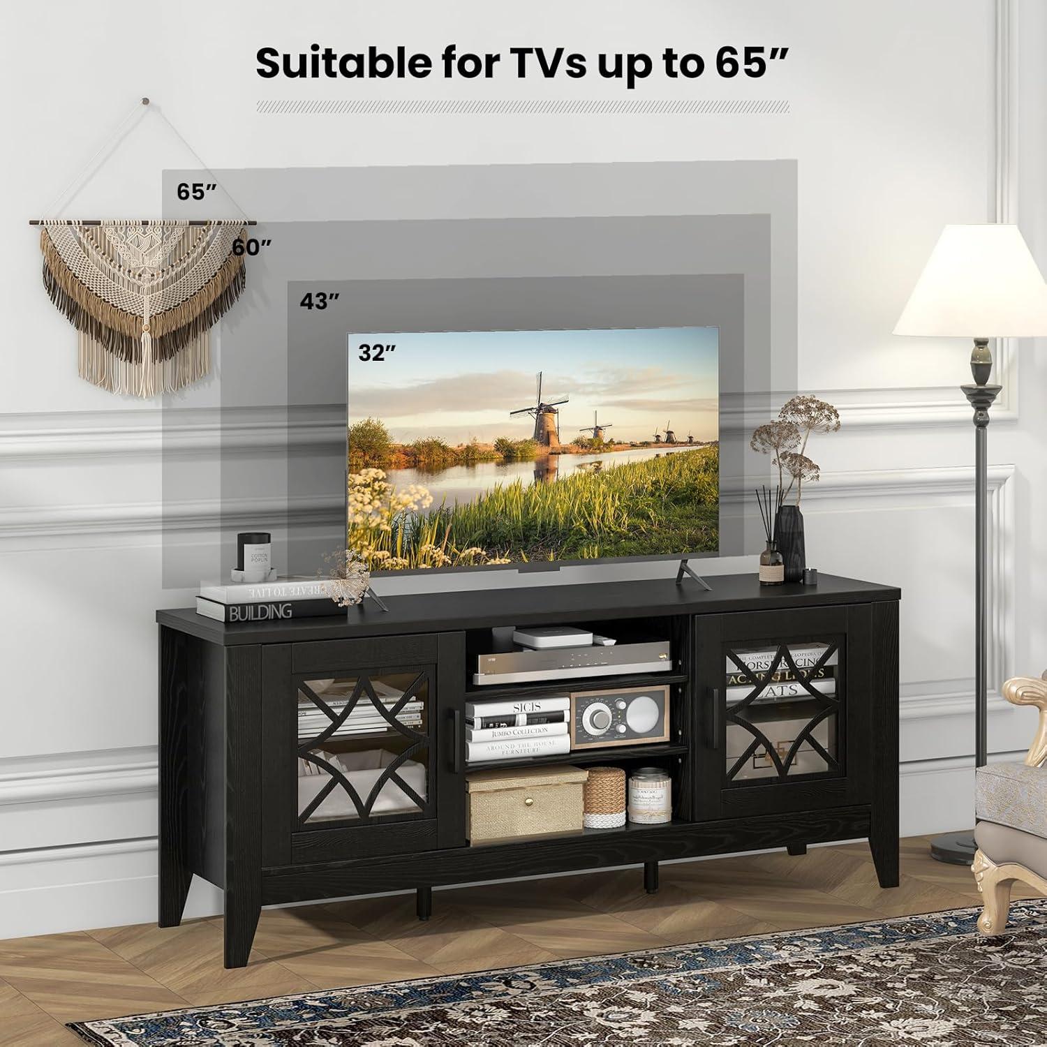 image:imageGiantex Farmhouse TV Stand for TVs up to 65 Entertainment Center with 4 Adjustable Storage Shelves amp Tempered Glass Doors Modern TV Console Table for Bedroom Living RoomBlack