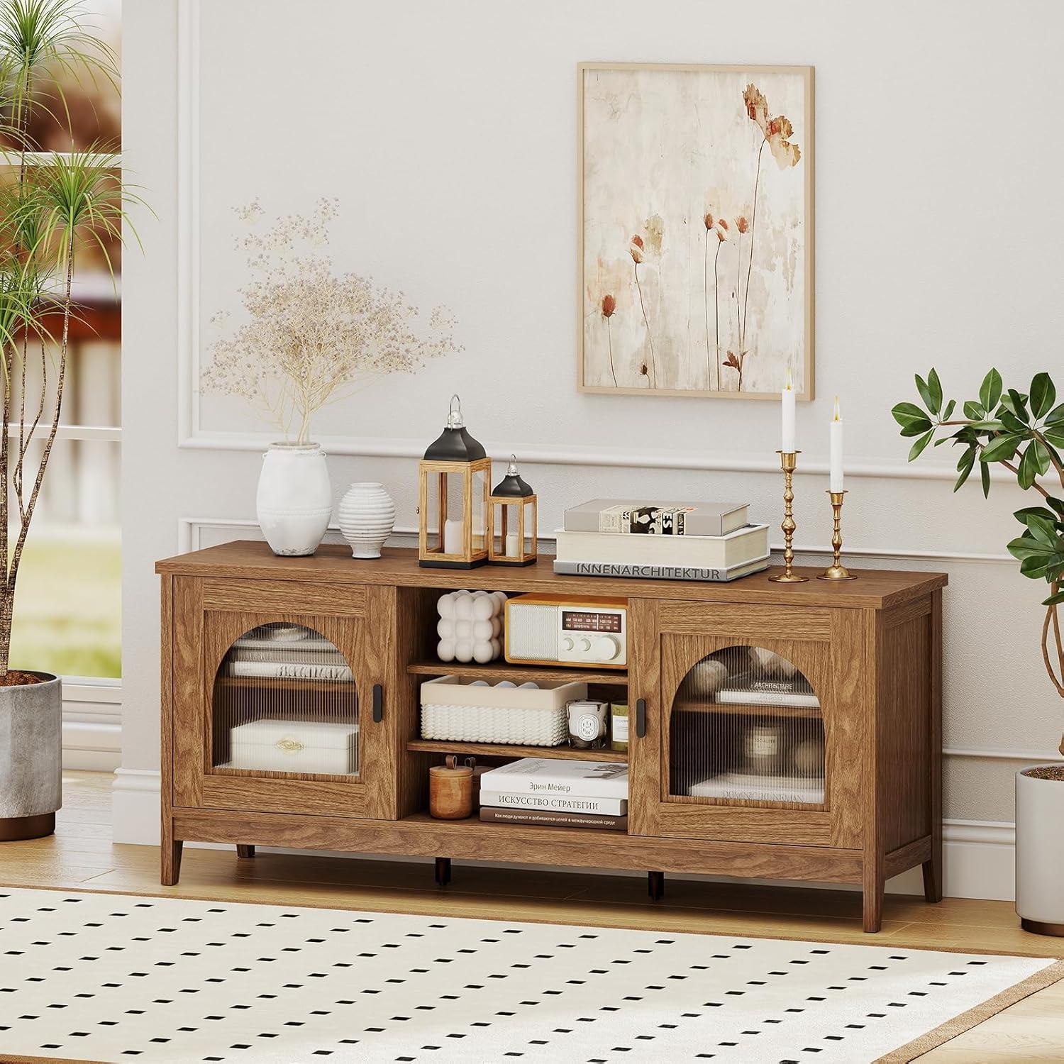image:imageGiantex Farmhouse TV Stand for TVs up to 65 Entertainment Center with 4 Adjustable Storage Shelves amp Tempered Glass Doors Modern TV Console Table for Bedroom Living RoomWalnut