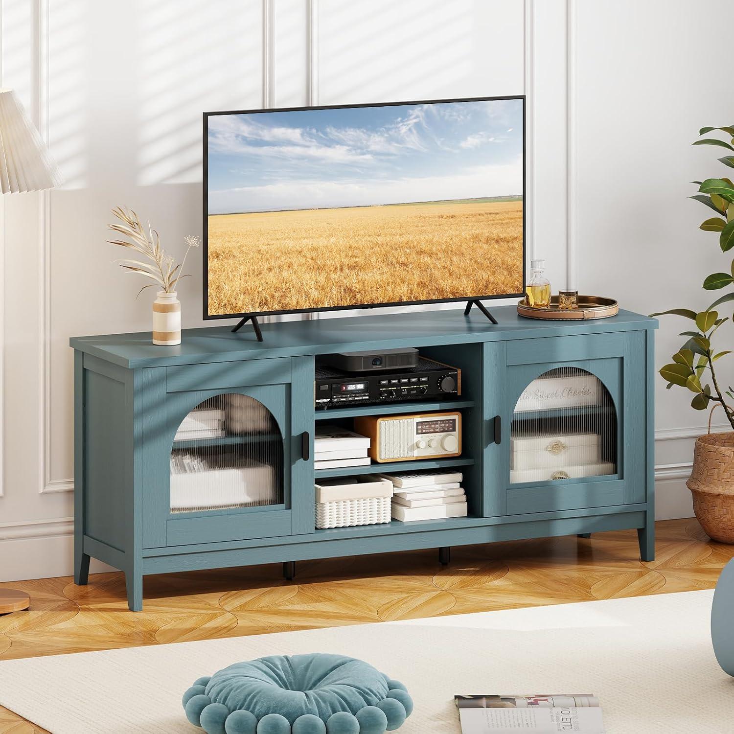 image:imageGiantex Farmhouse TV Stand for TVs up to 65 Entertainment Center with 4 Adjustable Storage Shelves amp Tempered Glass Doors Modern TV Console Table for Bedroom Living RoomTeal Blue